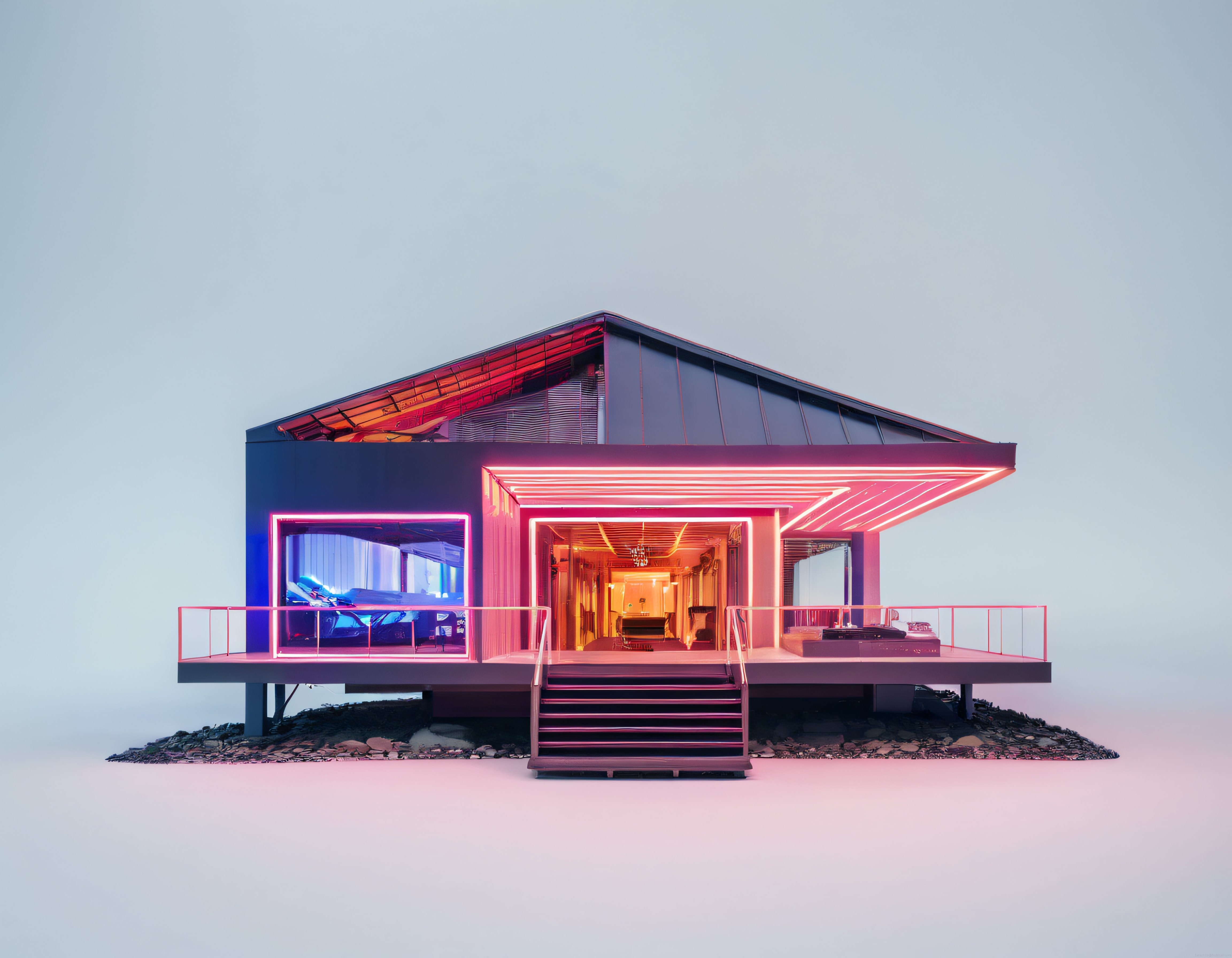 Nostaljik Neon Işıklarla Aydınlatılmış Modern Minimalist Ev ve Mimari