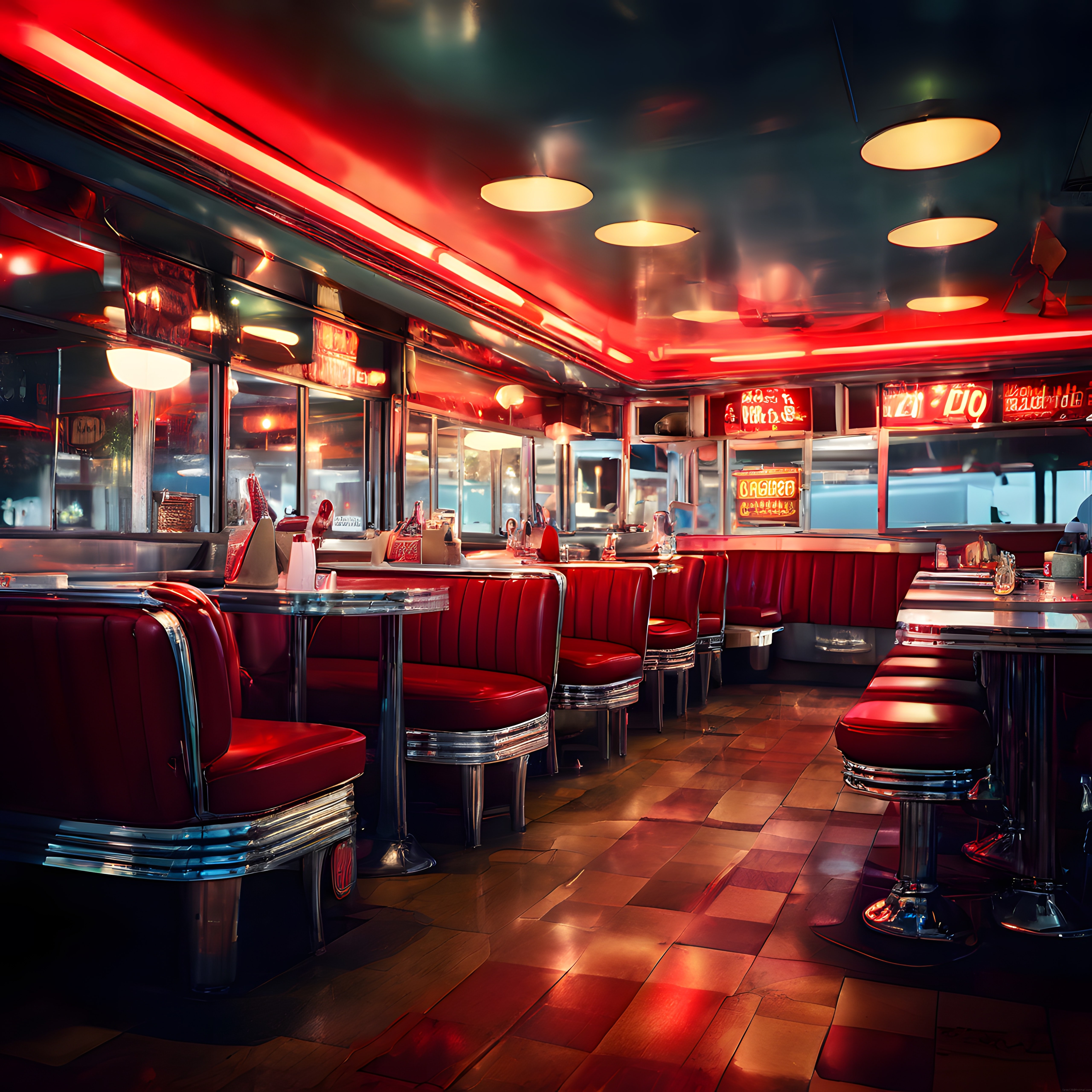 Nostaljik Neon Işıklı Amerikan Dinerı ve Kırmızı Deri Koltuklu Gece Atmosferi