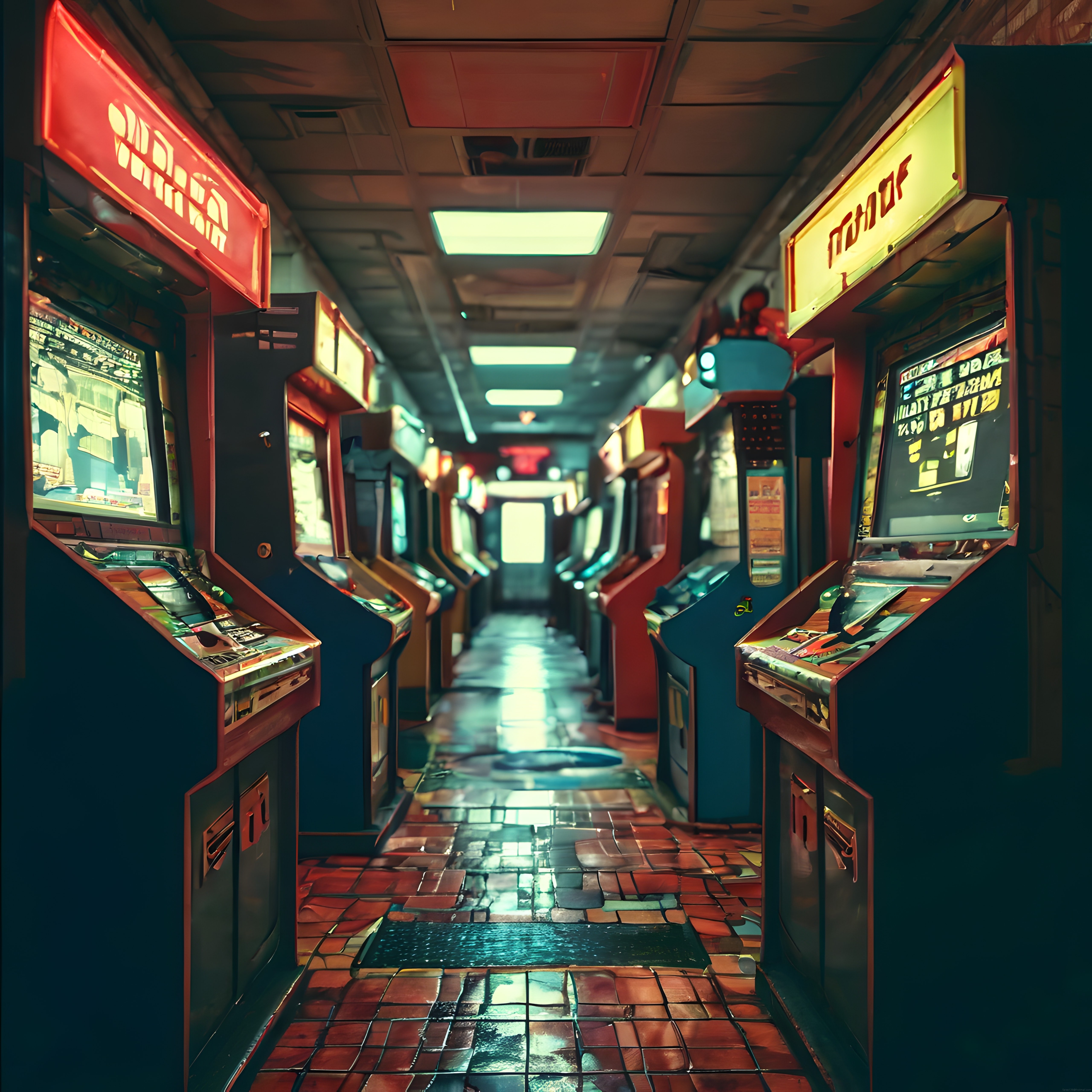 Nostaljik Oyun Salonu: Retro Atari Makineleriyle Dolu Neon Işıklı Koridor