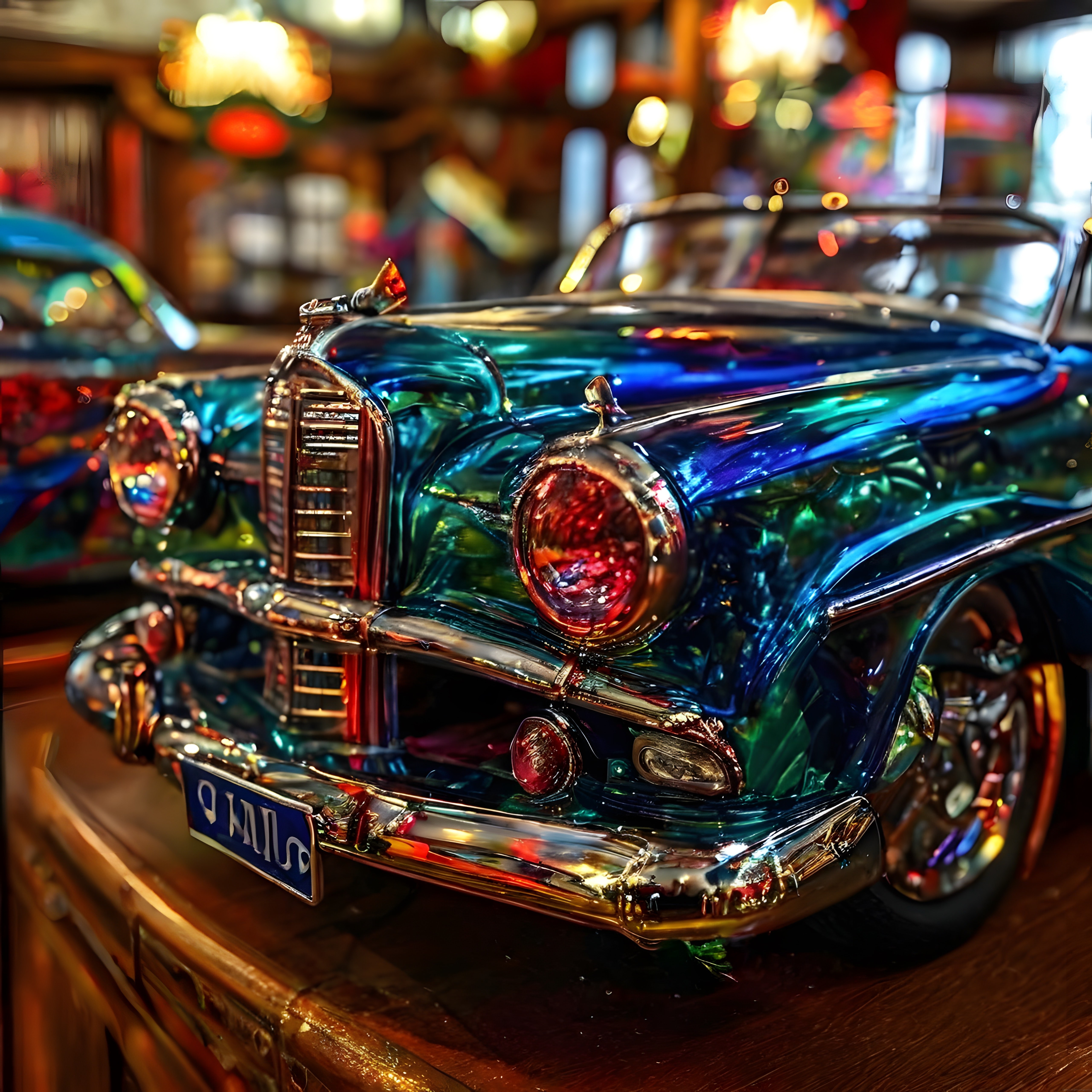 Nostaljik Parlak Metalik Mavi Klasik Model Araba ve Sıcak Bokeh Atmosferi