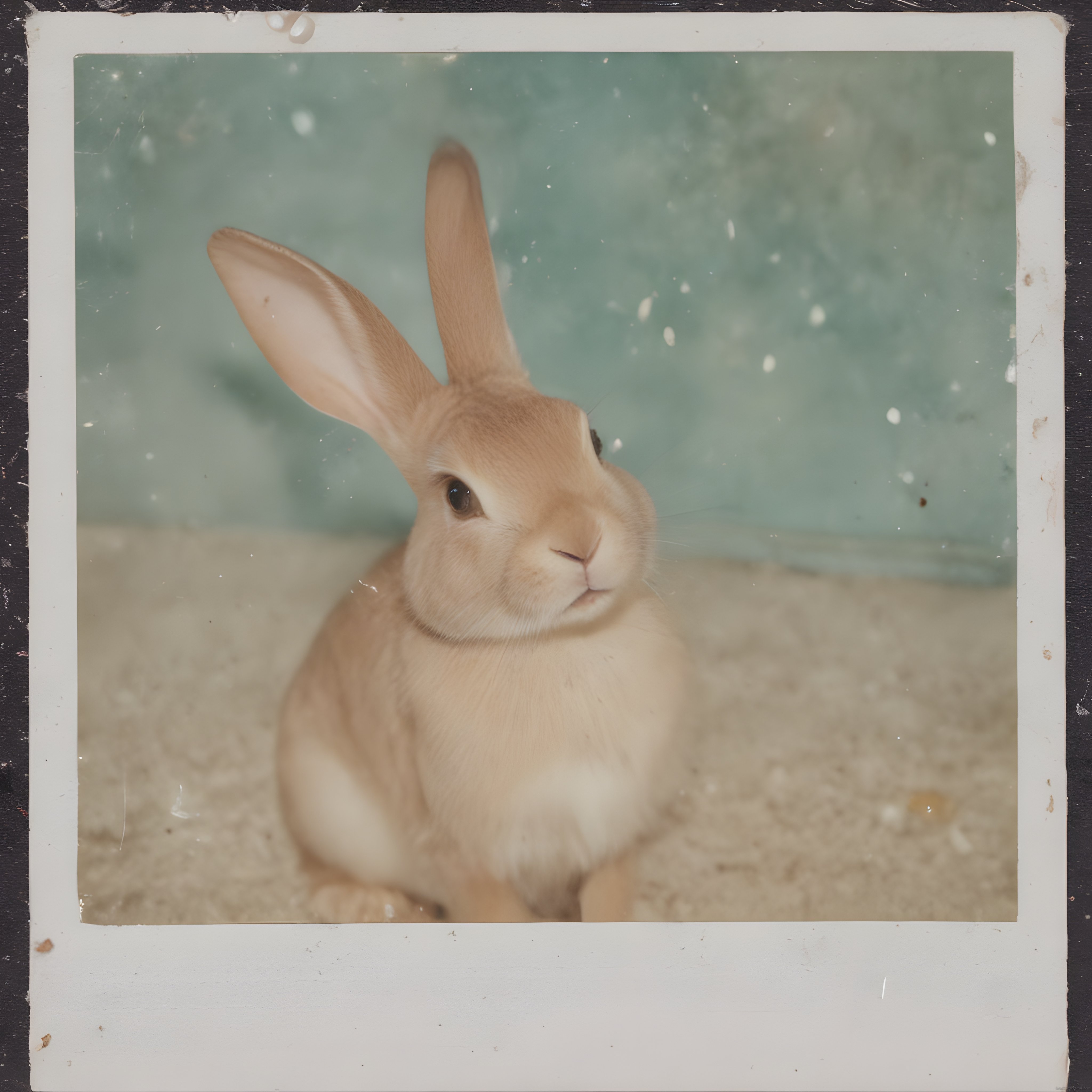 Nostaljik polaroid çerçevede kar altındaki sevimli bej tavşan portresi