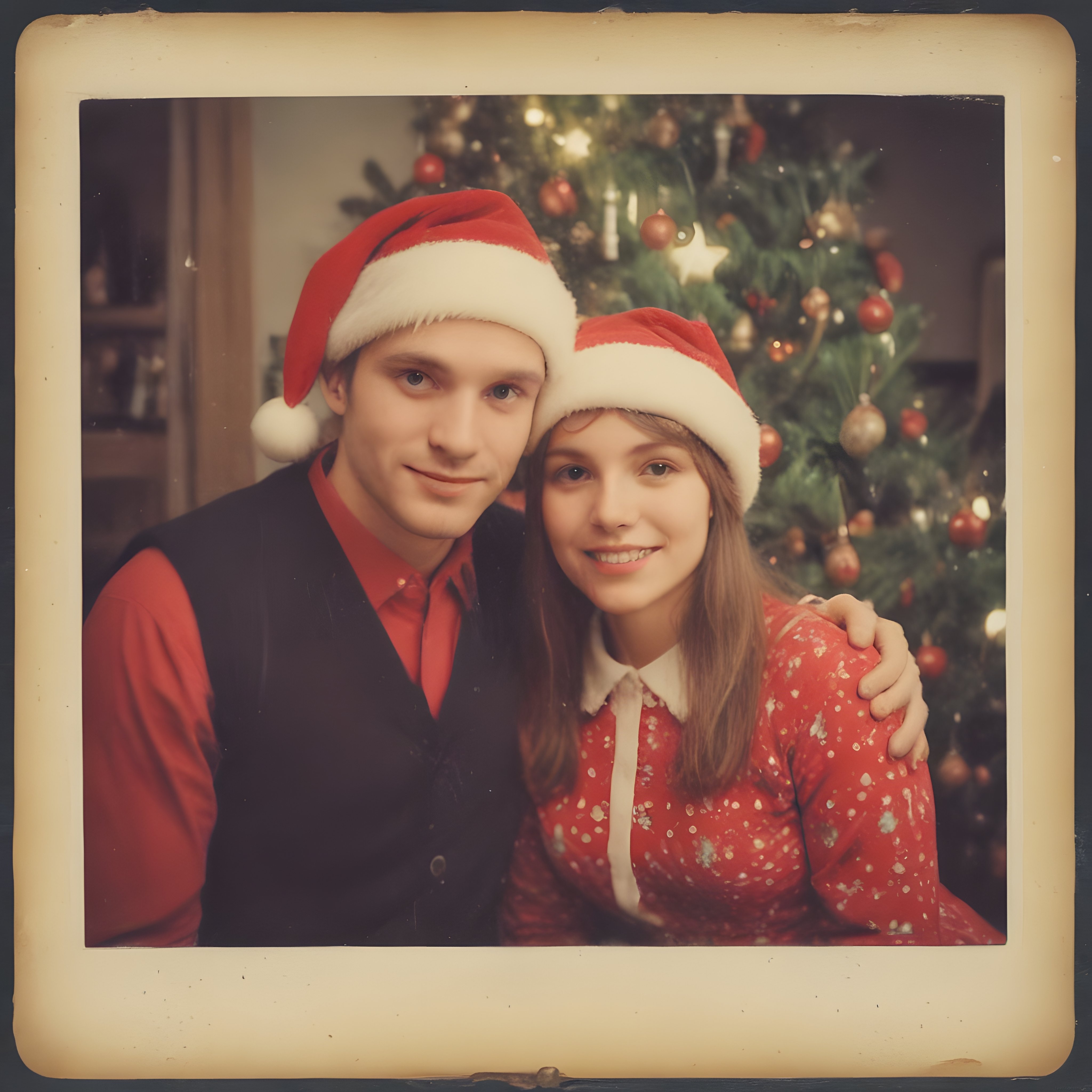 Nostaljik polaroid çerçevede noel şapkalı genç çiftin sıcak yılbaşı pozu
