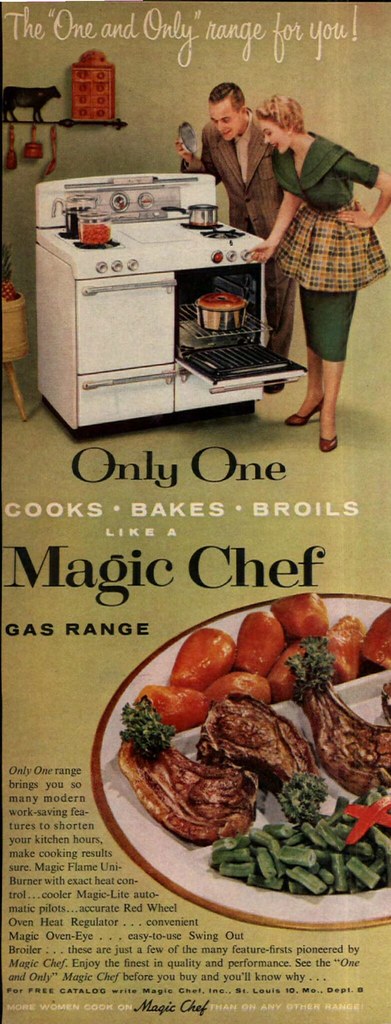 Nostaljik reklam afişinde 1950'ler mutfağından Magic Chef fırın ve zarif çift