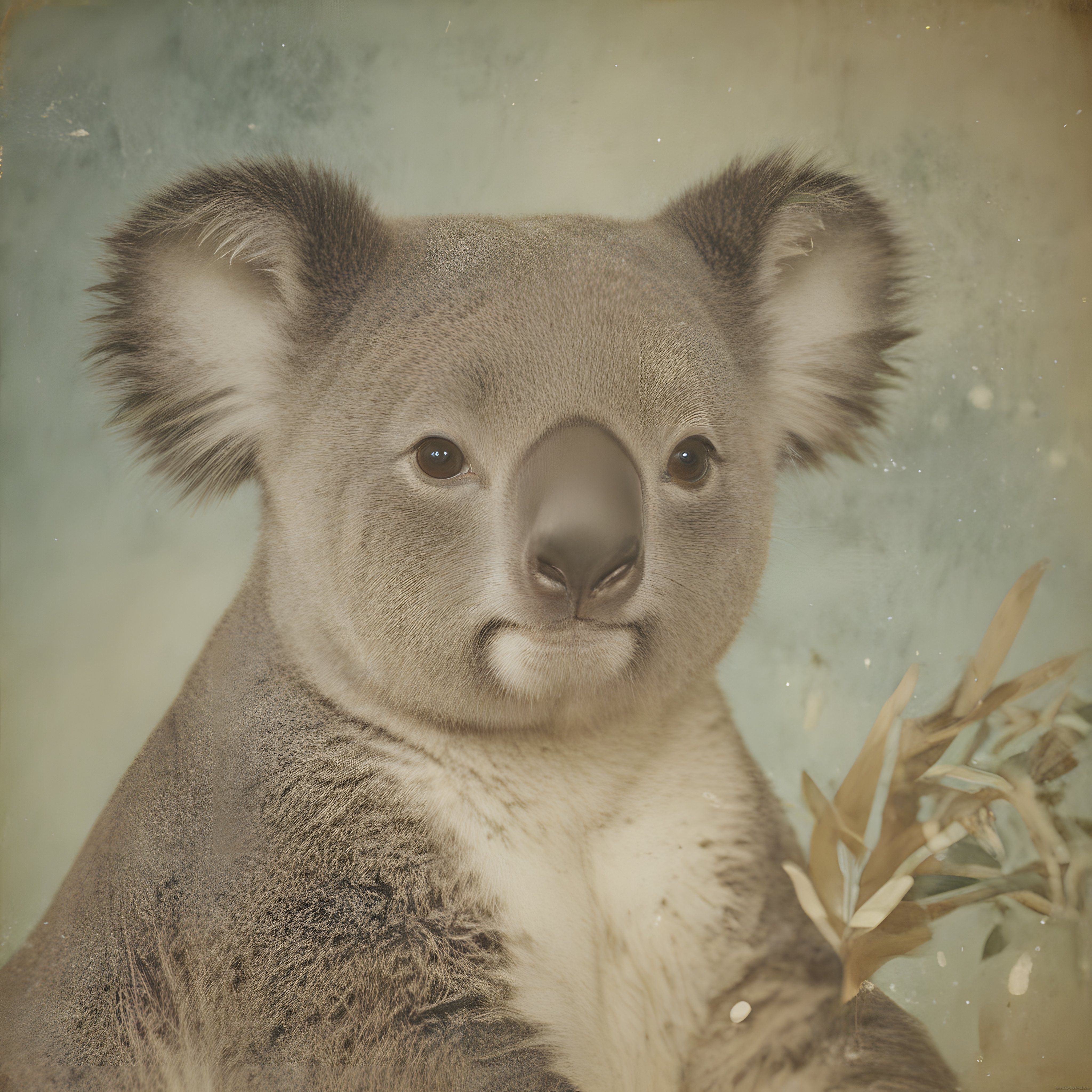 Nostaljik Retro Efektli Sevimli Koala Portresi ve Okaliptus Yaprakları