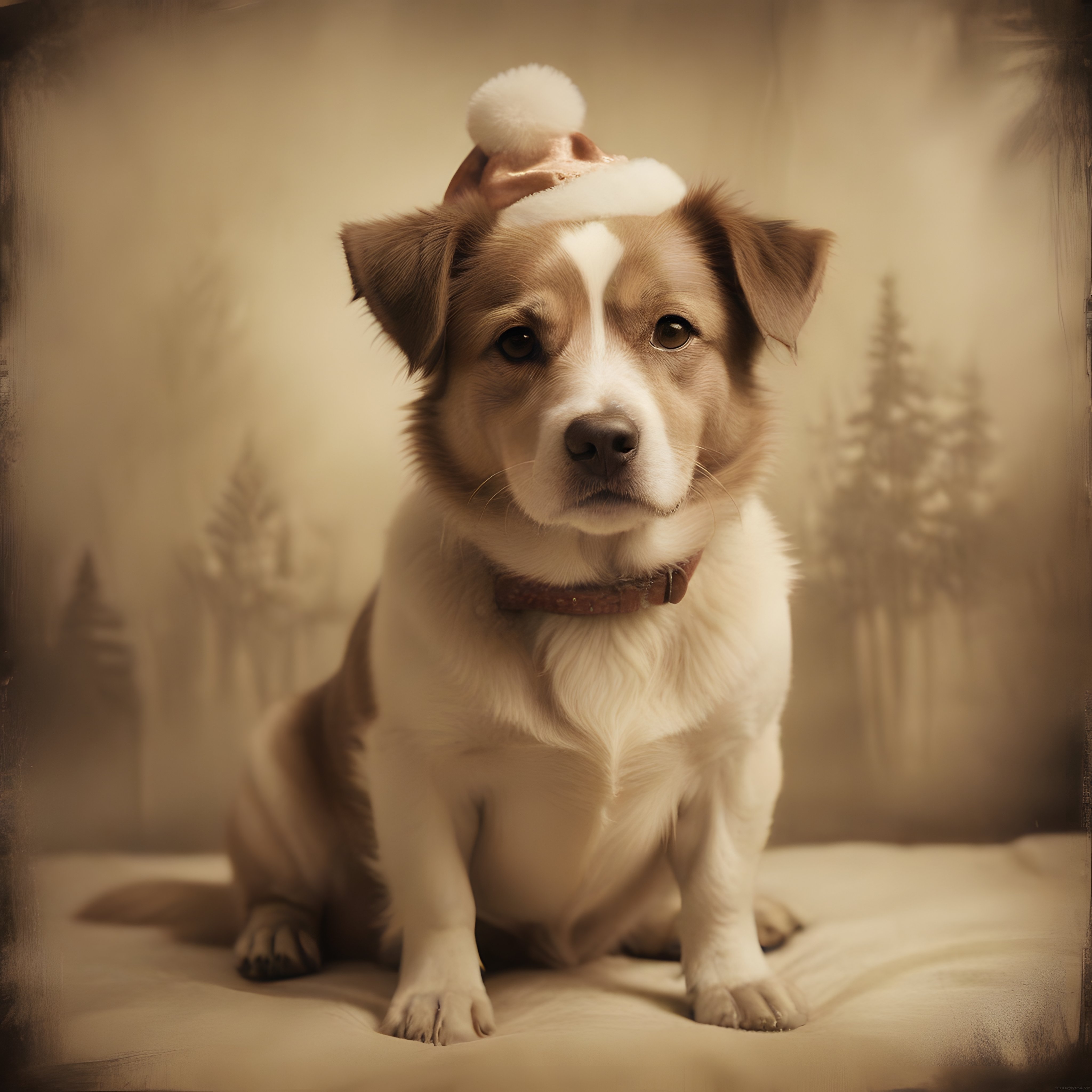 Nostaljik Sepya Efektli Yılbaşı Şapkalı Tatlı Köpek Portresi