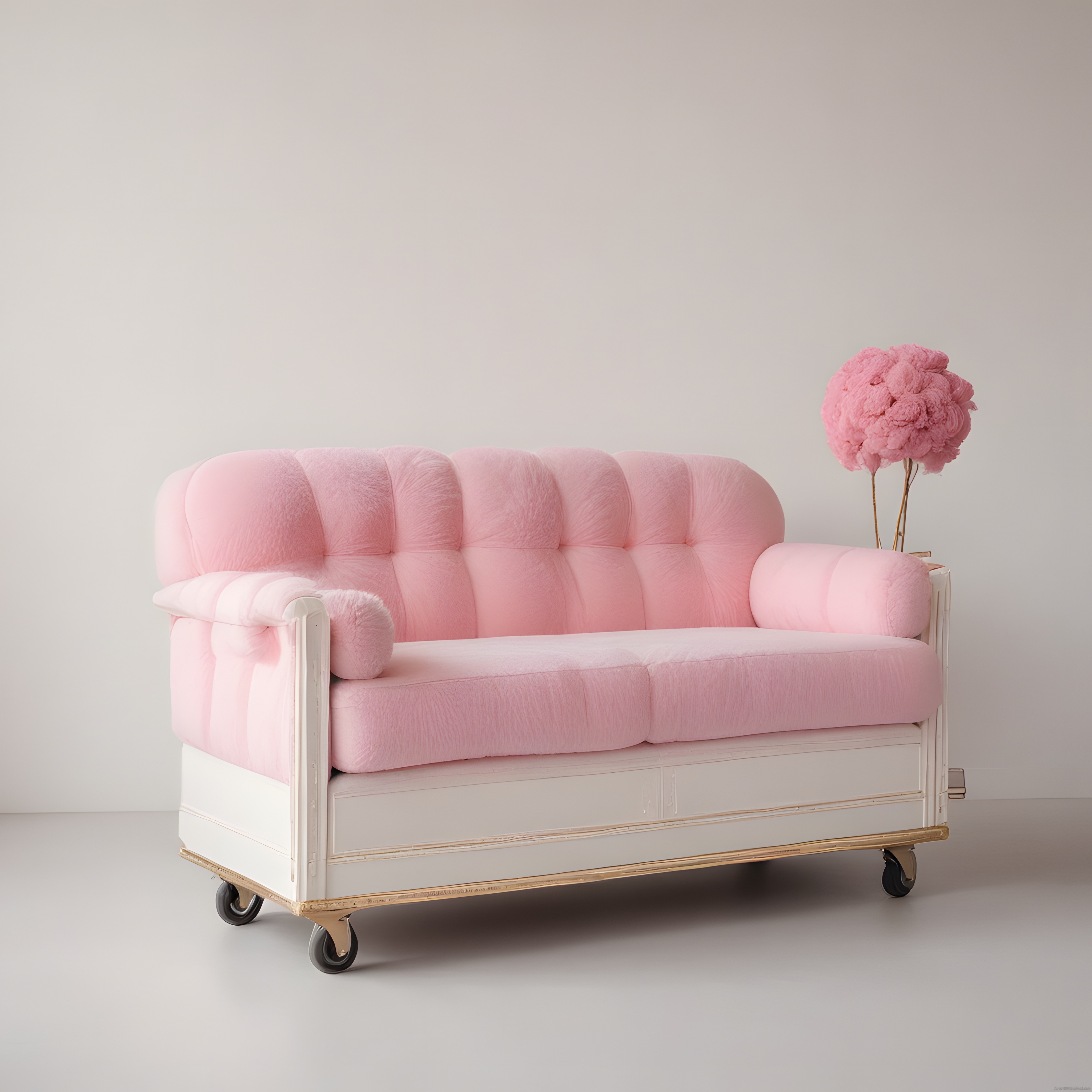 Nostaljik Tekerlekli Pembe Koltuk ve Pastel Tonlarda Minimal İç Mekan Tasarımı