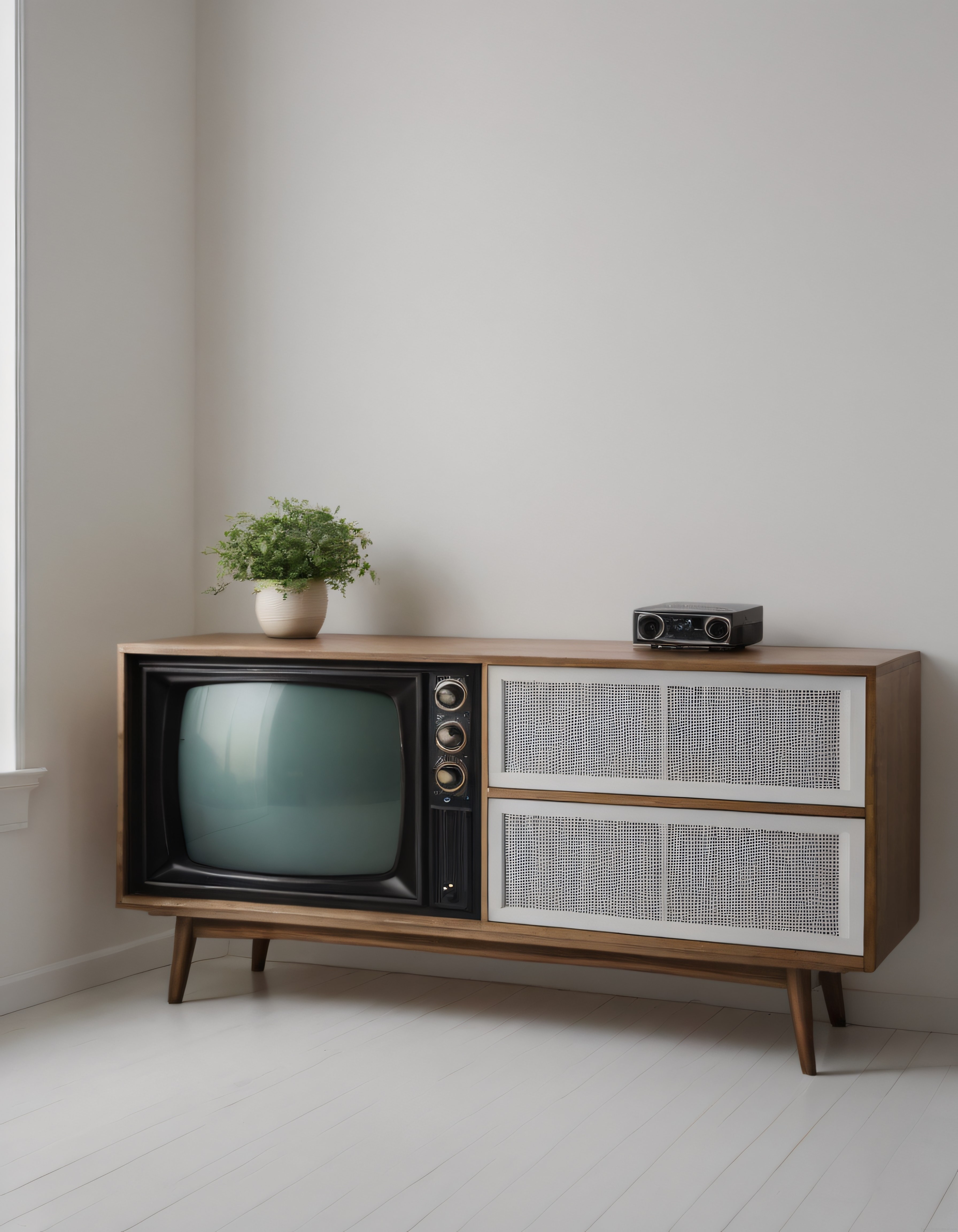 Nostaljik Televizyon ve Ahşap Ünitesiyle Minimalist Oda Dekorasyonu