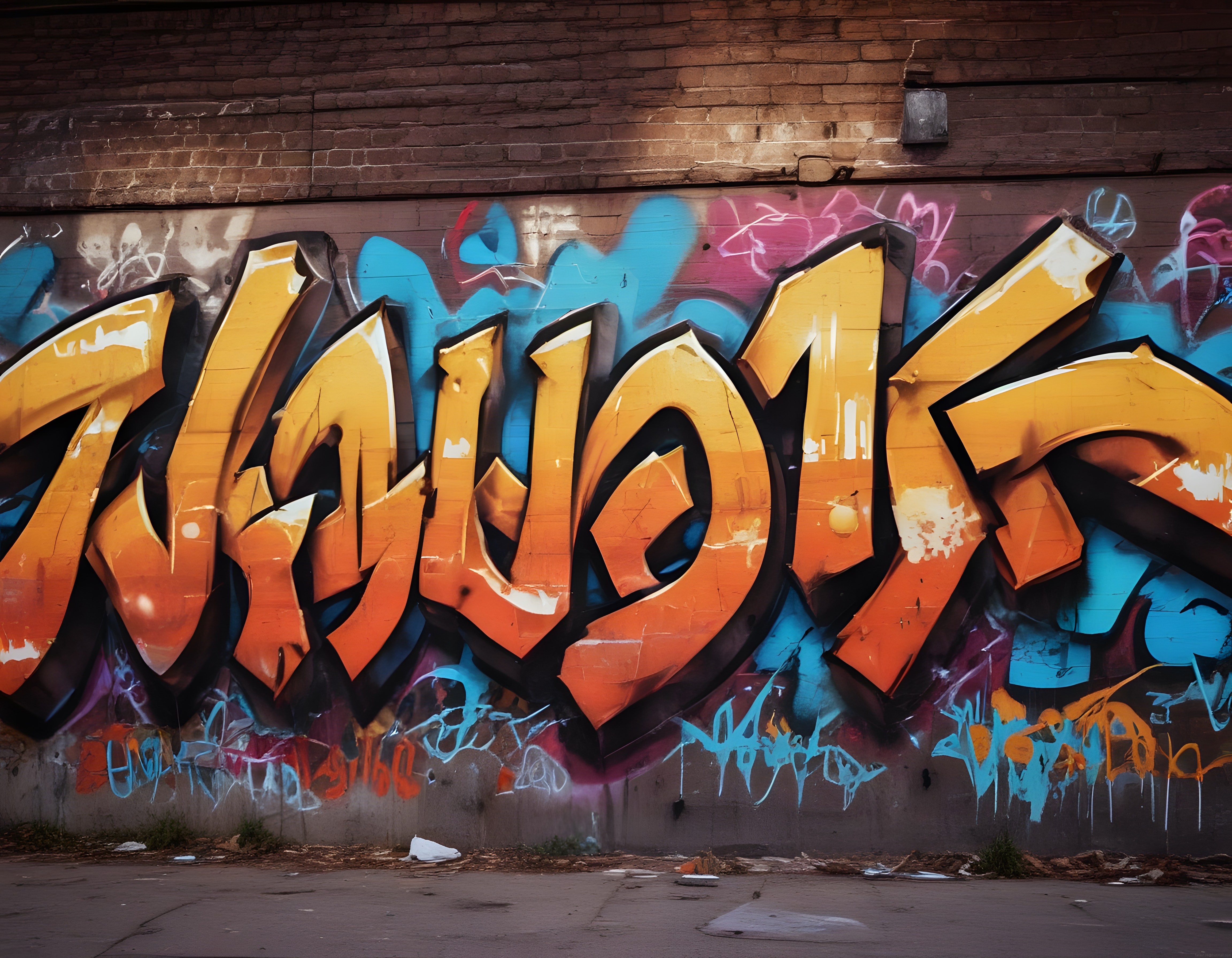 Nostaljik tuğla duvarda canlı sarı turuncu graffiti sokak sanatı