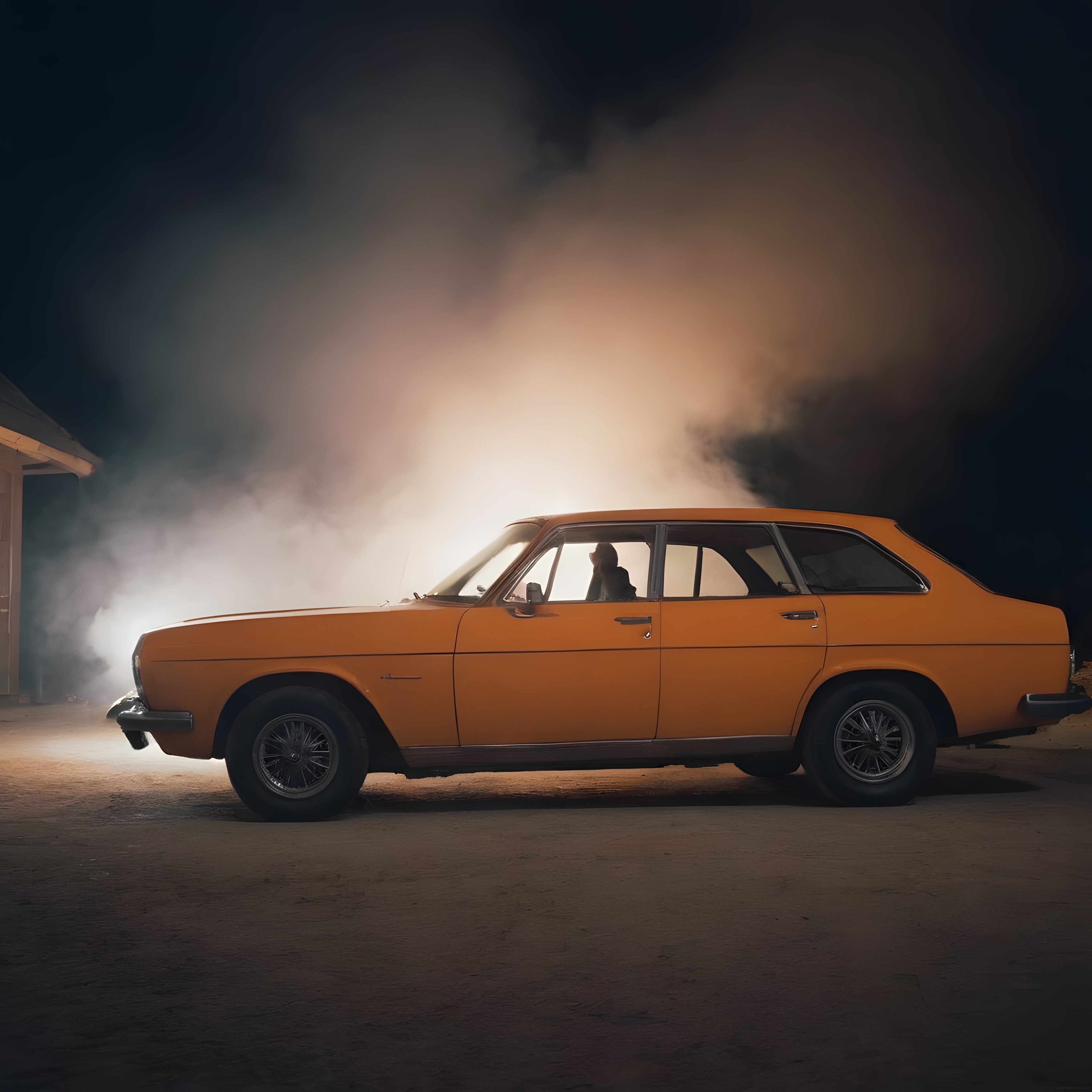 nostaljik turuncu station wagon sisli gecede arkadan aydınlatılmış görüntüsü