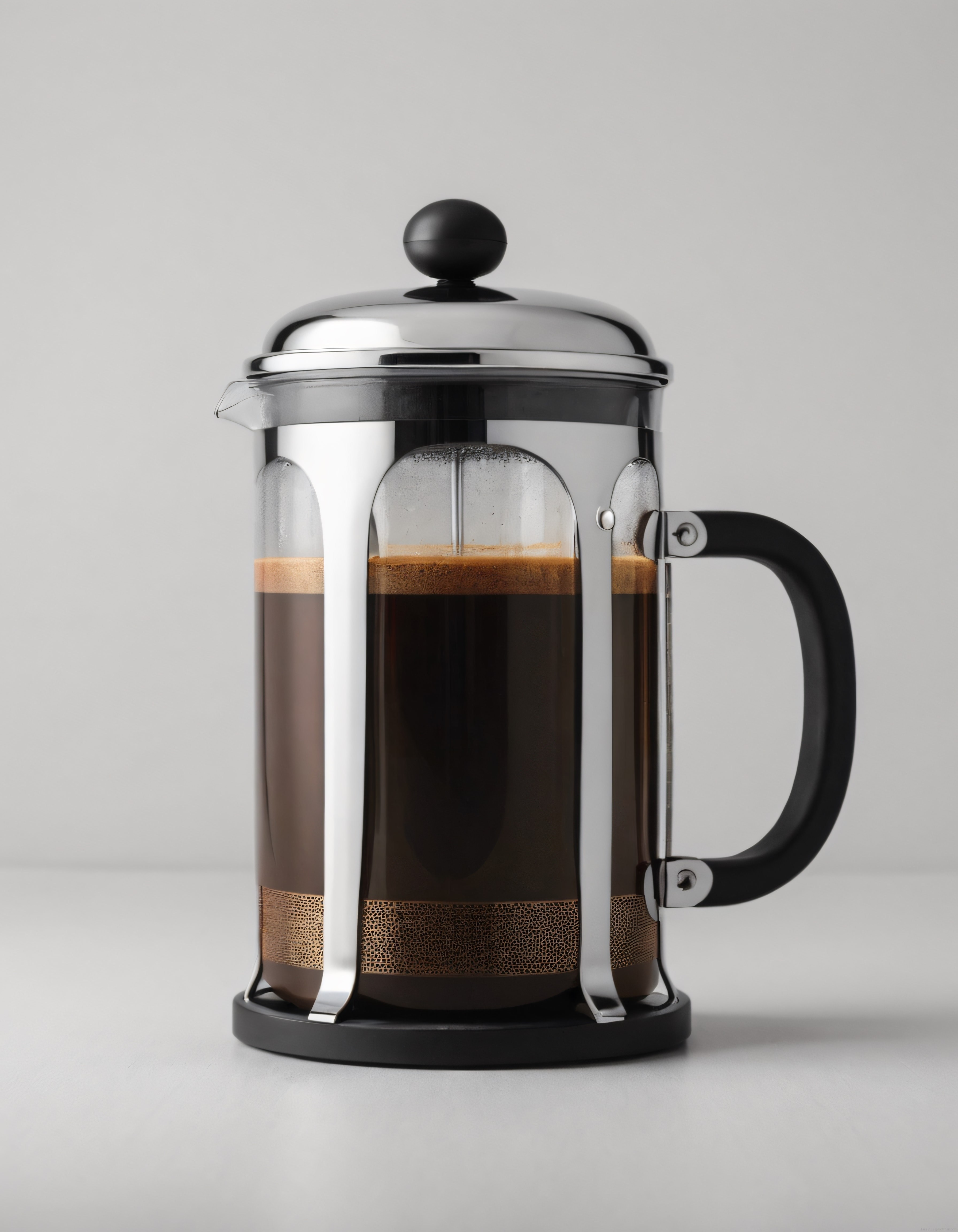 Nötr Arka Planda Şık French Press ve Krema Katmanlı Siyah Kahve