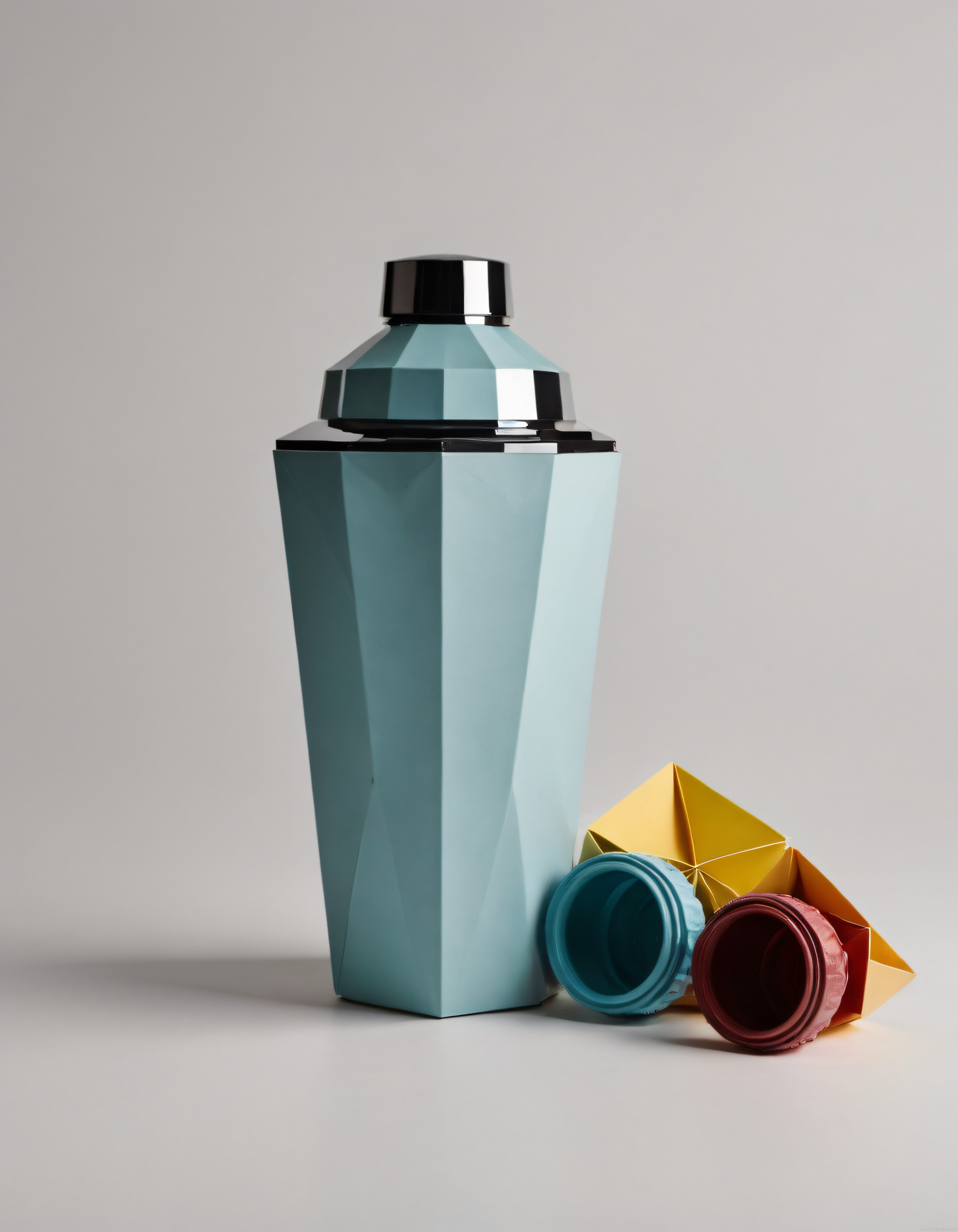 Nötr Arka Planda Turkuaz Geometrik Shaker ve Sarı Origami Objeleri
