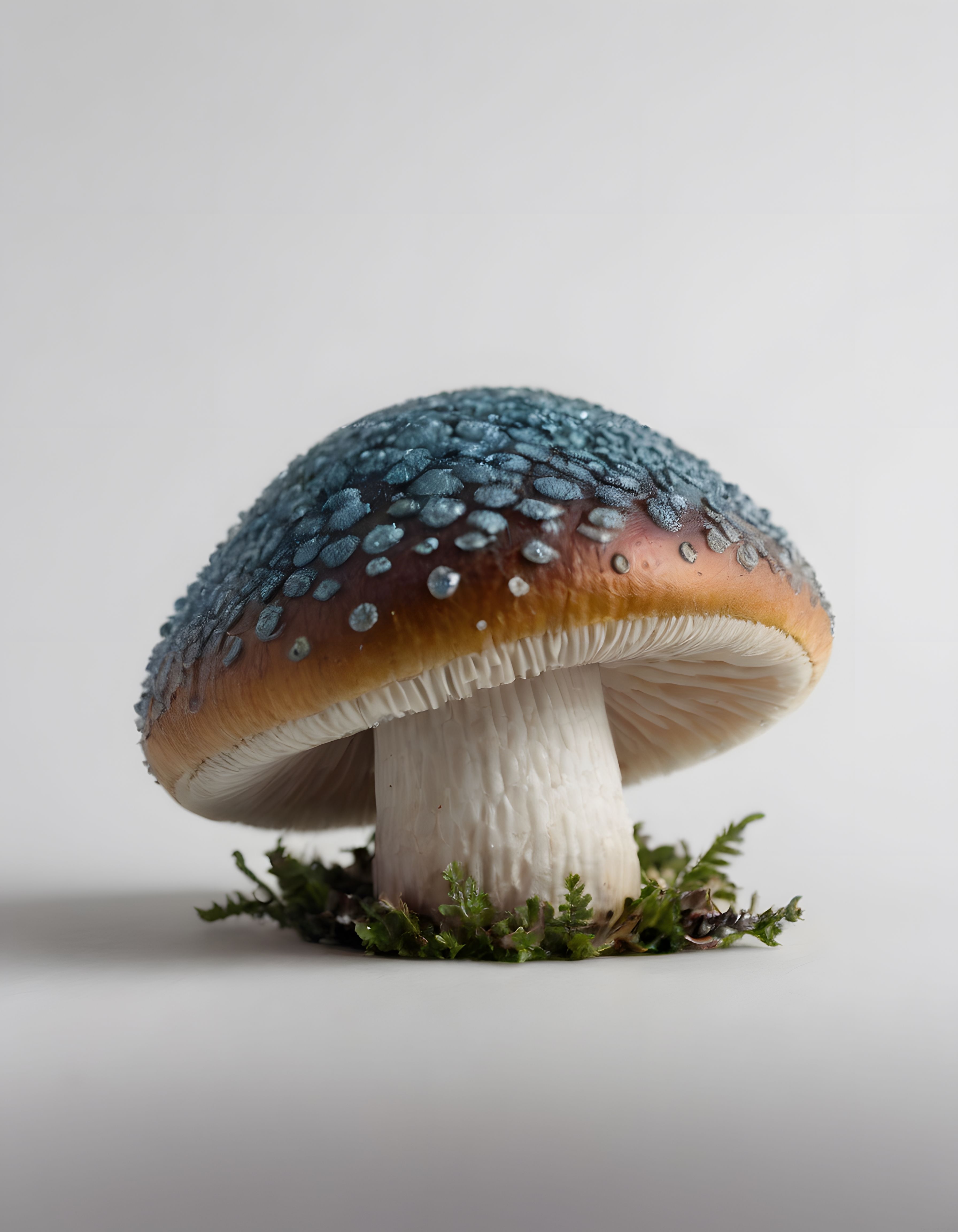 Nötr Arka Planda Yosunlu Mavi Pullu Mantarın Narin Makro Portresi
