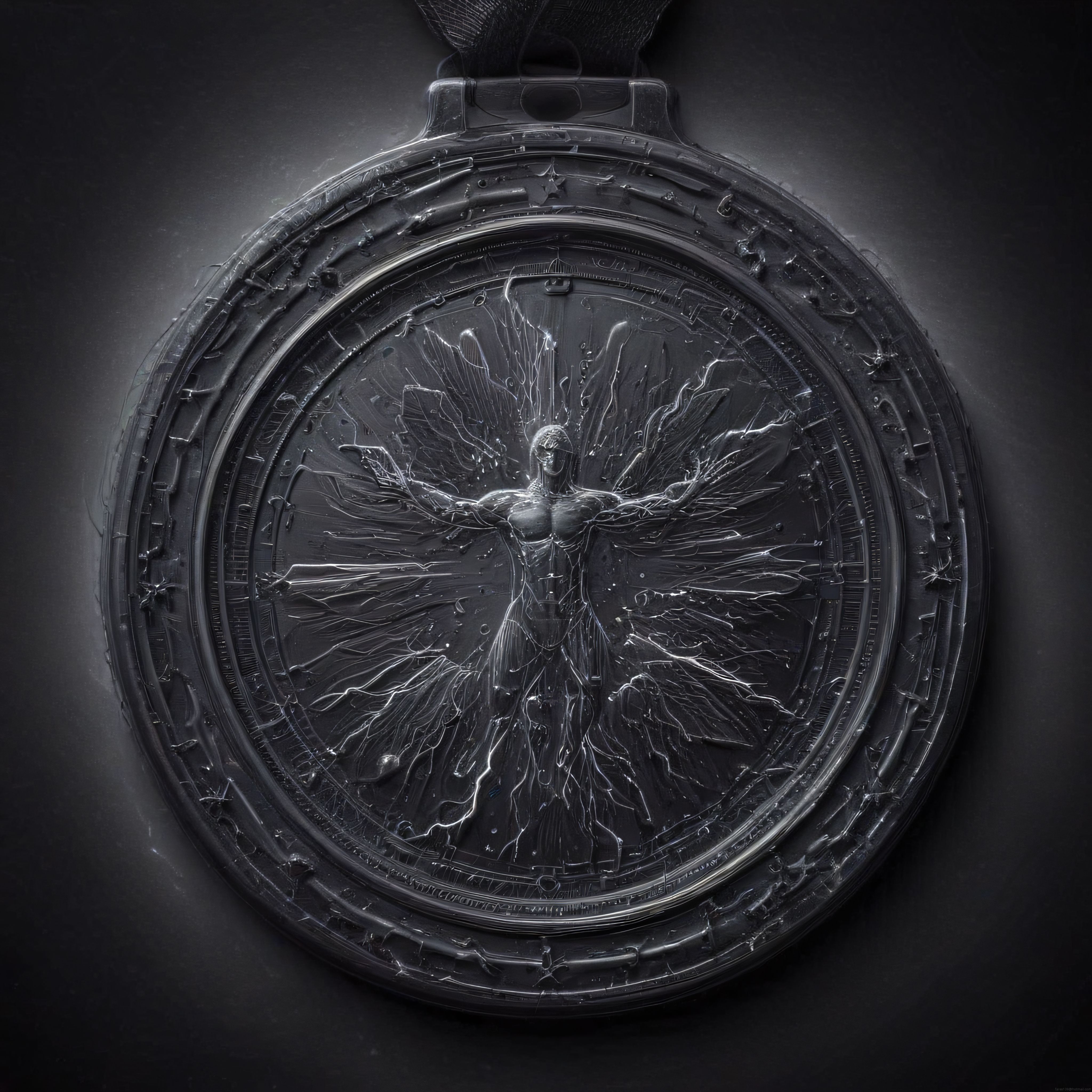 Obsidyen Metal Vitruvian Adam Medalyon: Karanlık Fantezi Dijital Sanat
