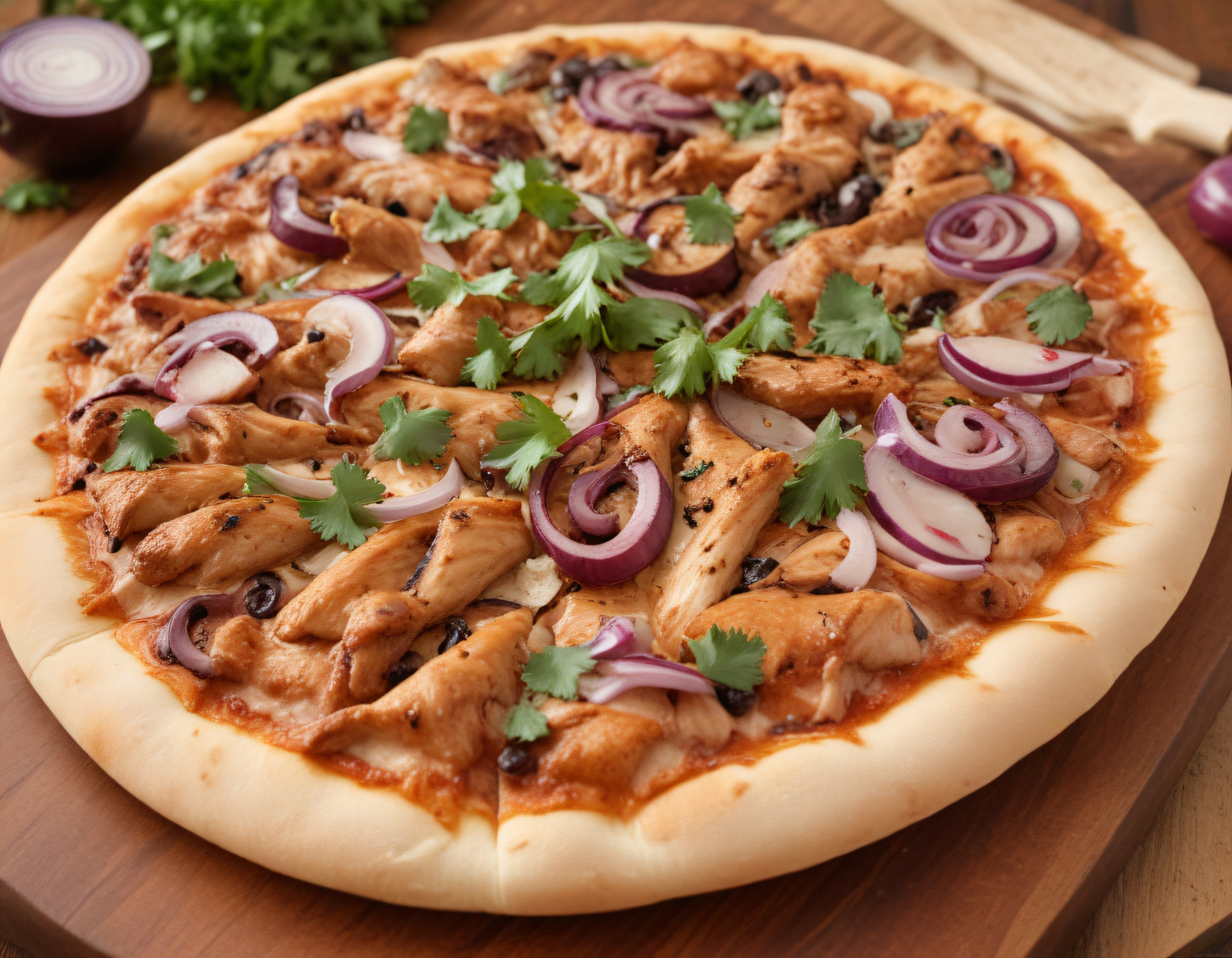 Odun fırını lezzetinde tavuklu, kişnişli ve soğanlı ev yapımı pizza görseli