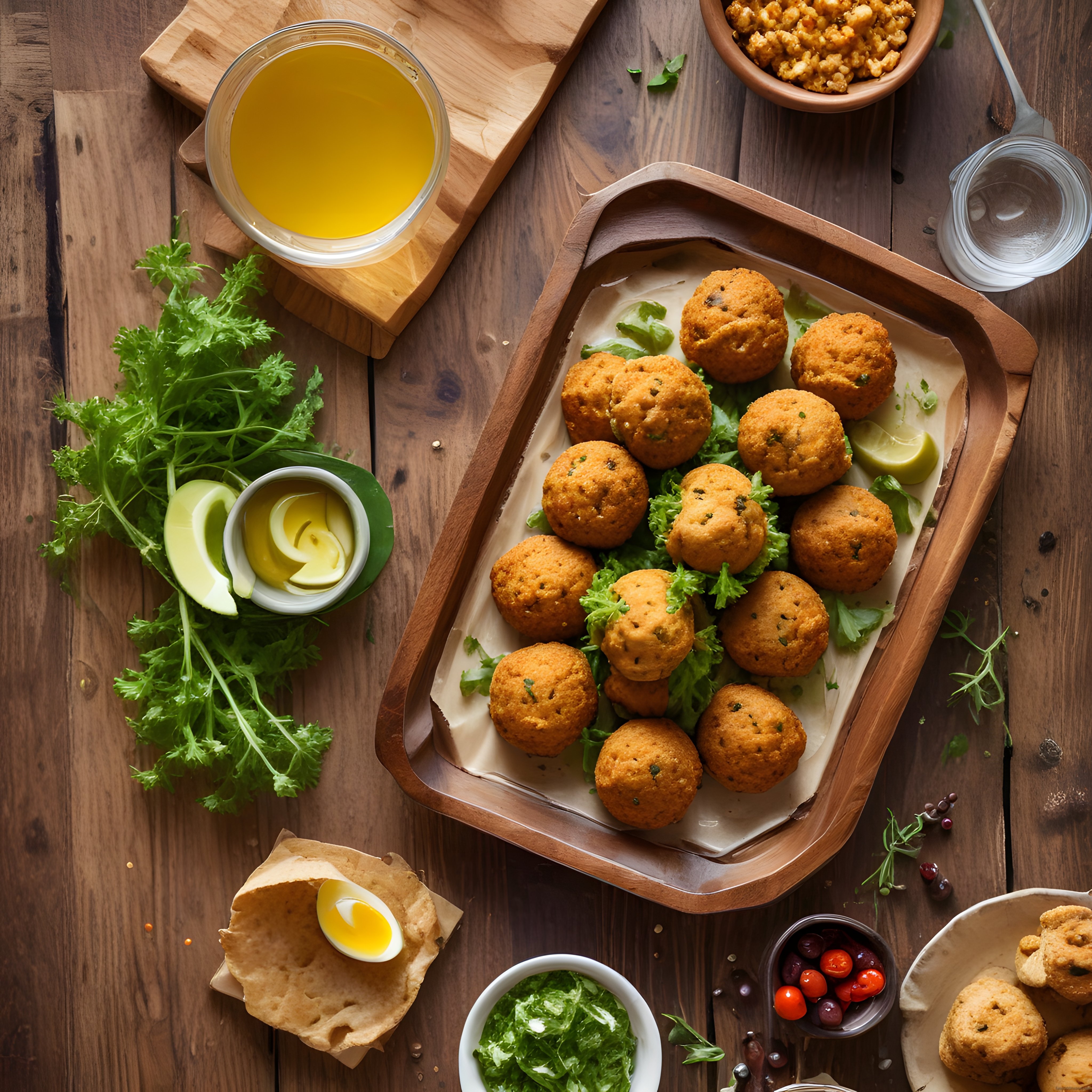 Odun Masada Çıtır Falafel Topları ve Taze Yeşilliklerle Davetkar Yemek Sunumu