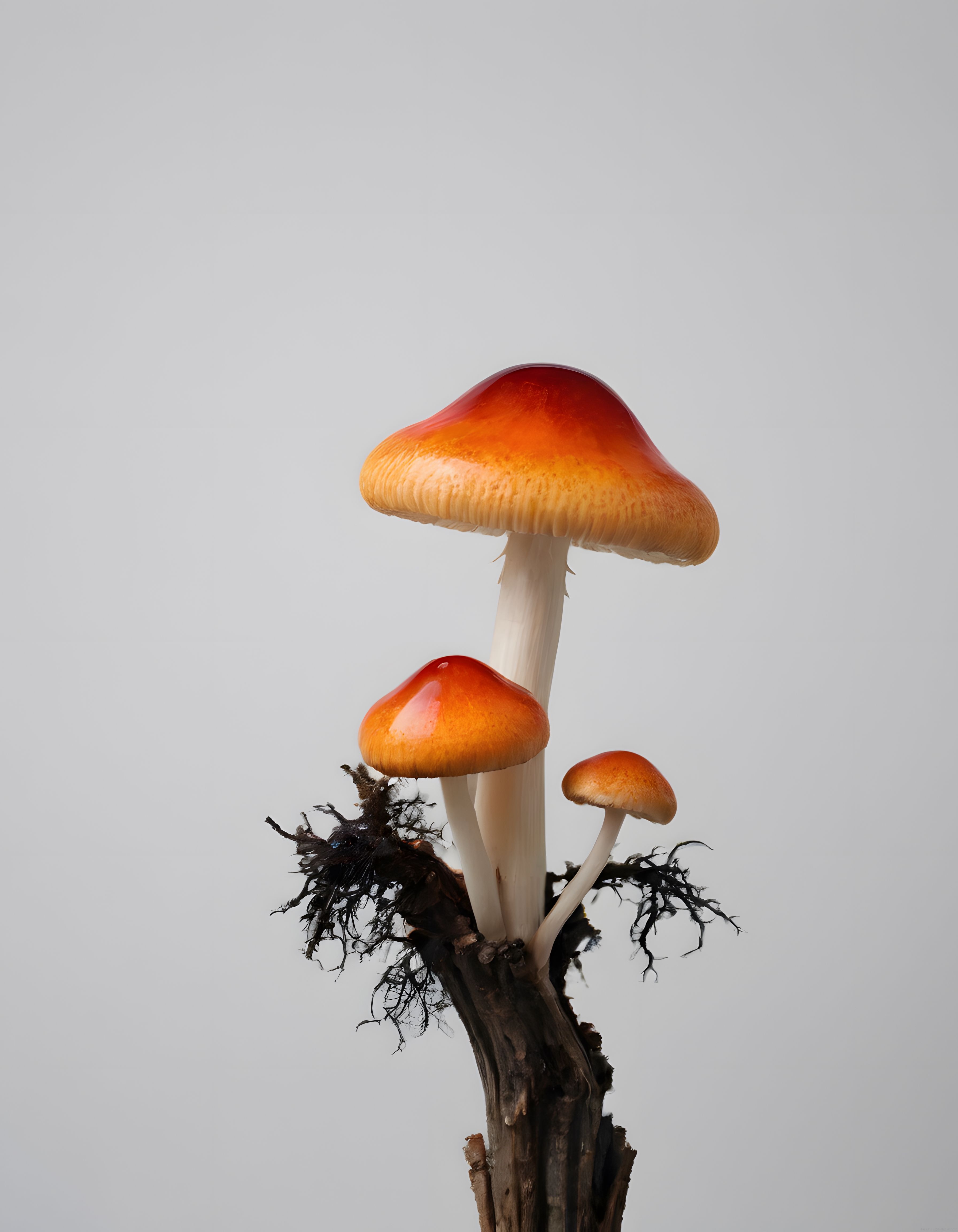 Odun Parçası Üzerindeki Üç Parlak Mantarın Minimalist Stüdyo Fotoğrafı