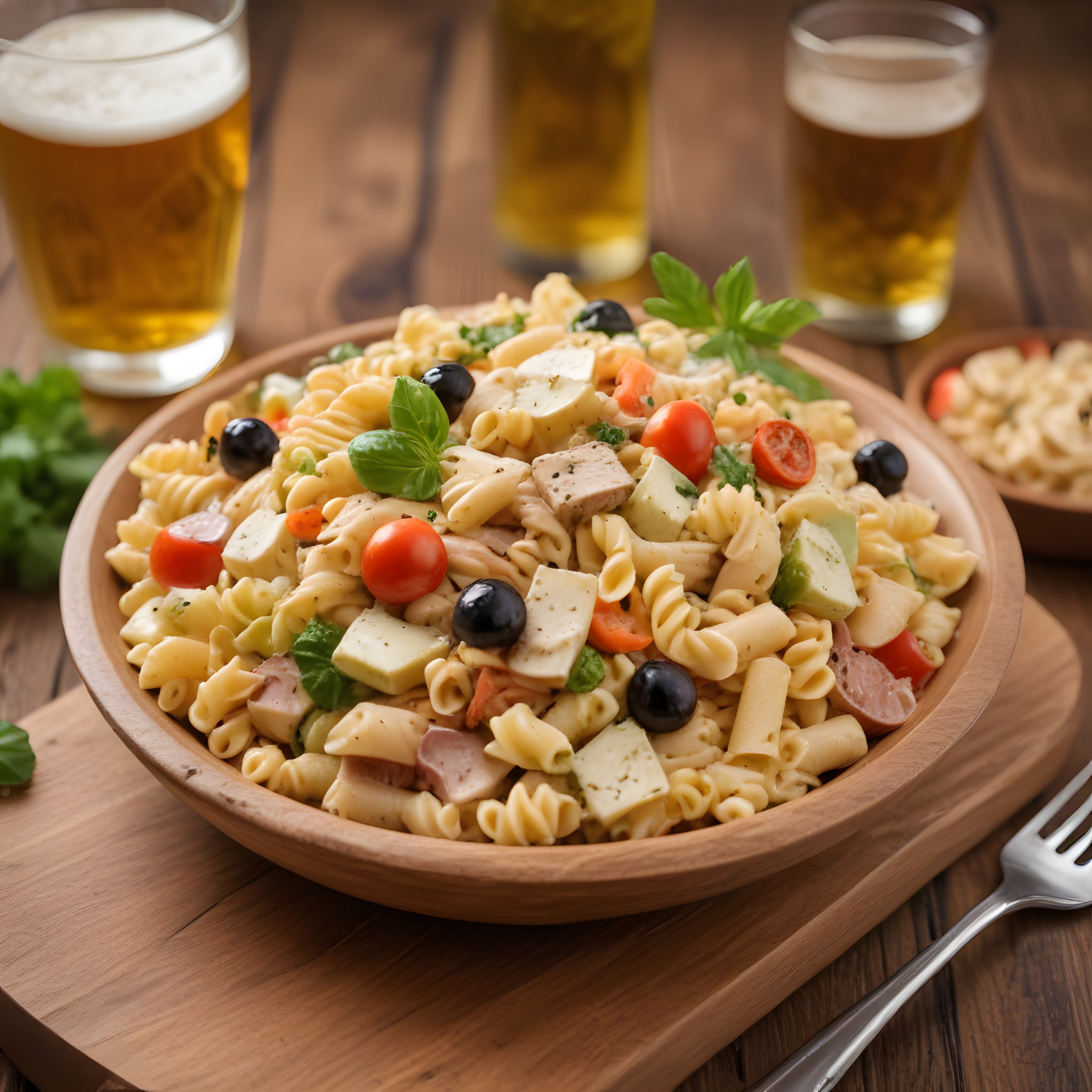 Odun Tahtasında Bol Malzemeli Nefis Makarna Salatası ve Bira Eşliği