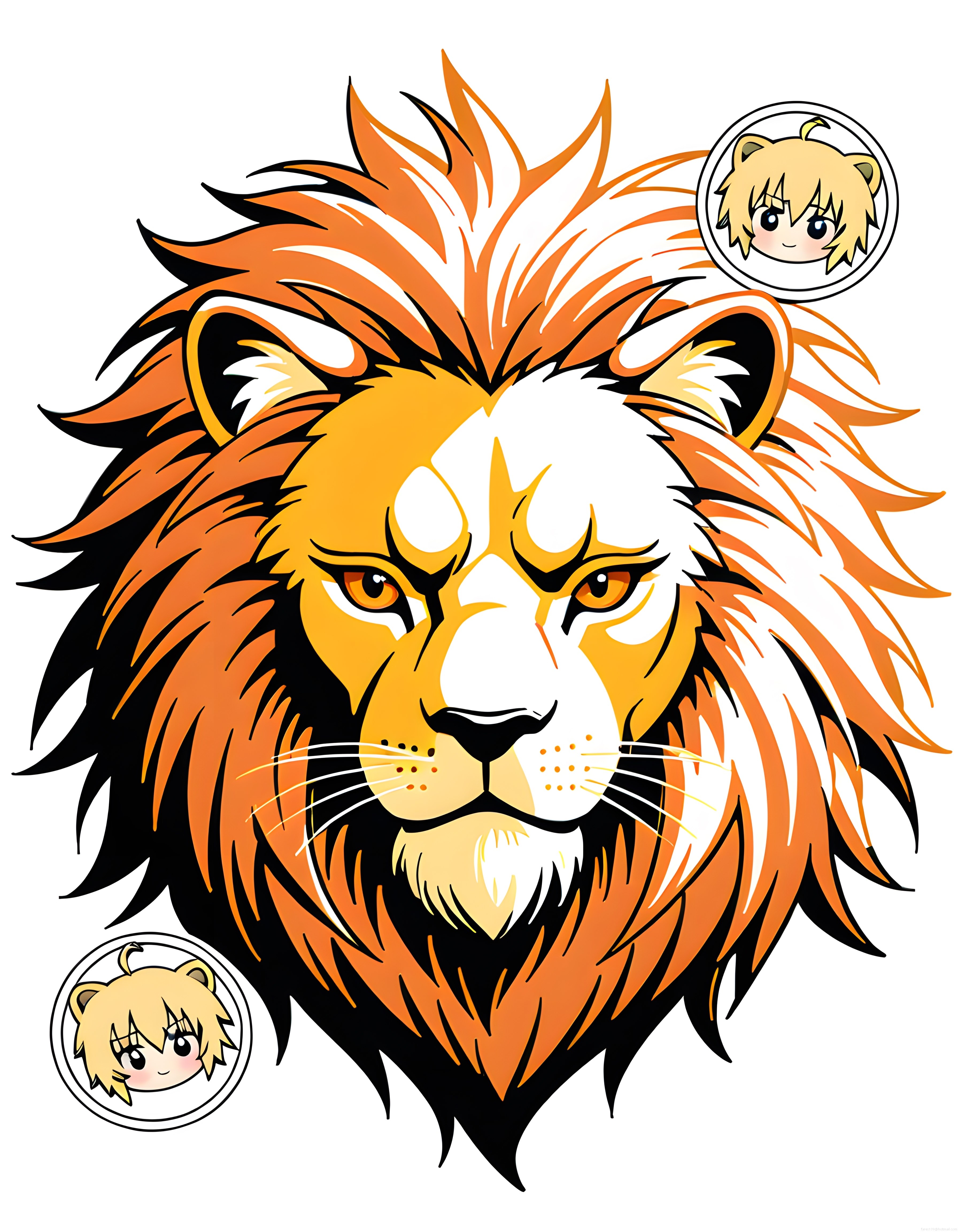 Öfkeli Aslan Kafası Dijital İllüstrasyon ve Anime Karakter Watermarkları