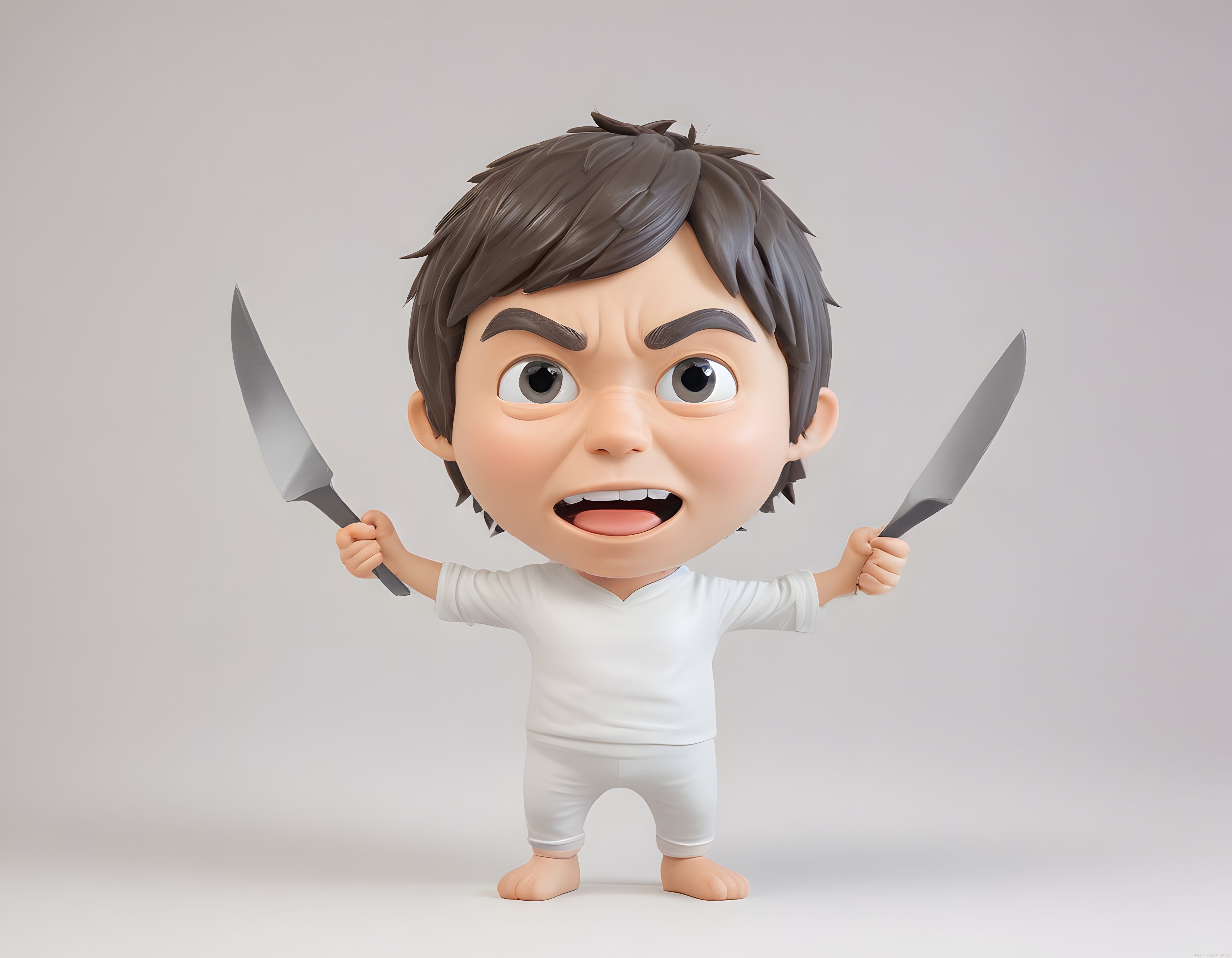 Öfkeli Chibi Çocuk Figürü ve İki Büyük Mutfak Bıçağı 3D Render