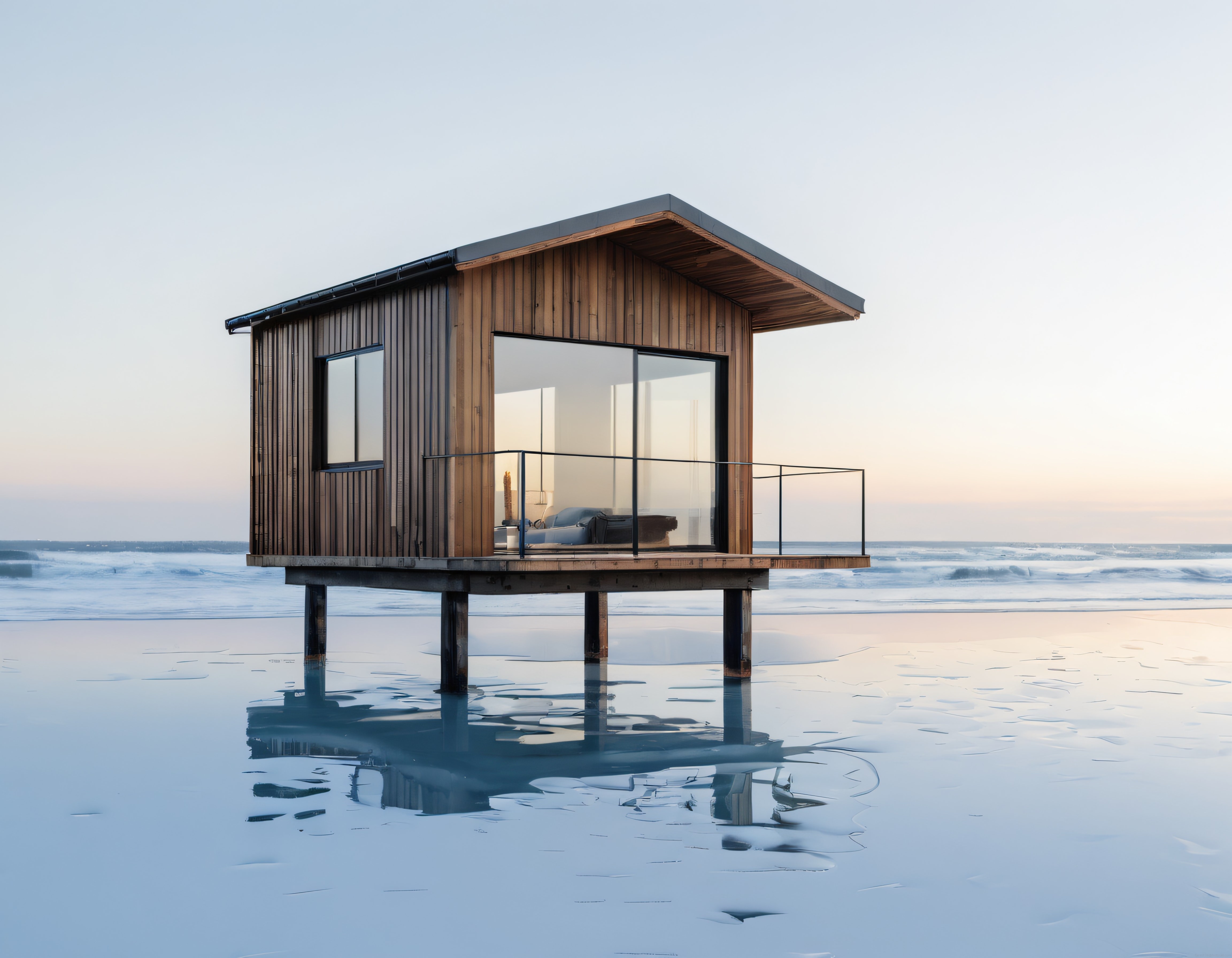 Okyanus kıyısında ahşap kaideler üzerinde modern minimalist kulübe