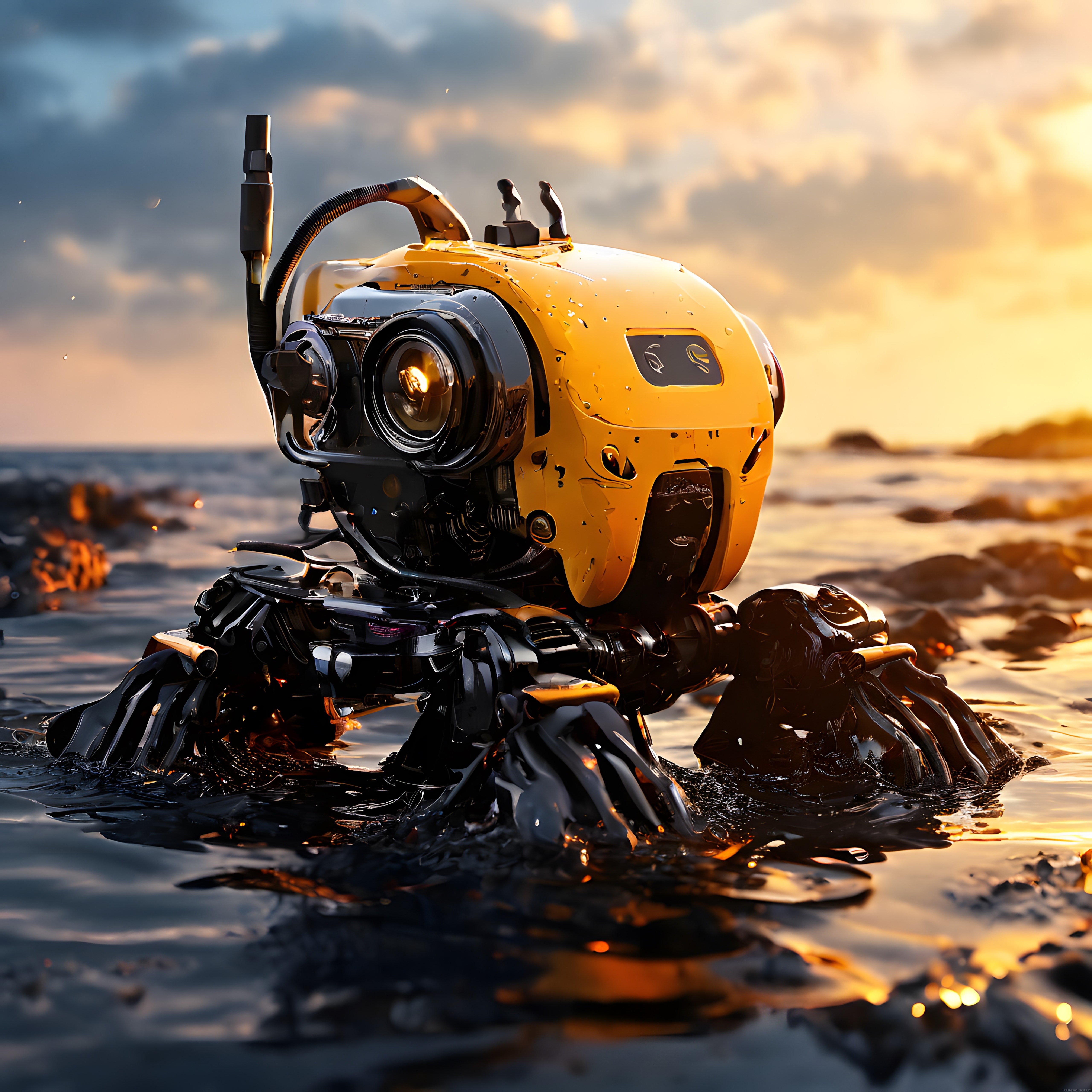 Okyanus Kıyısında Gün Batımı Işığında Yürüyen Çok Ayaklı Sarı Robot