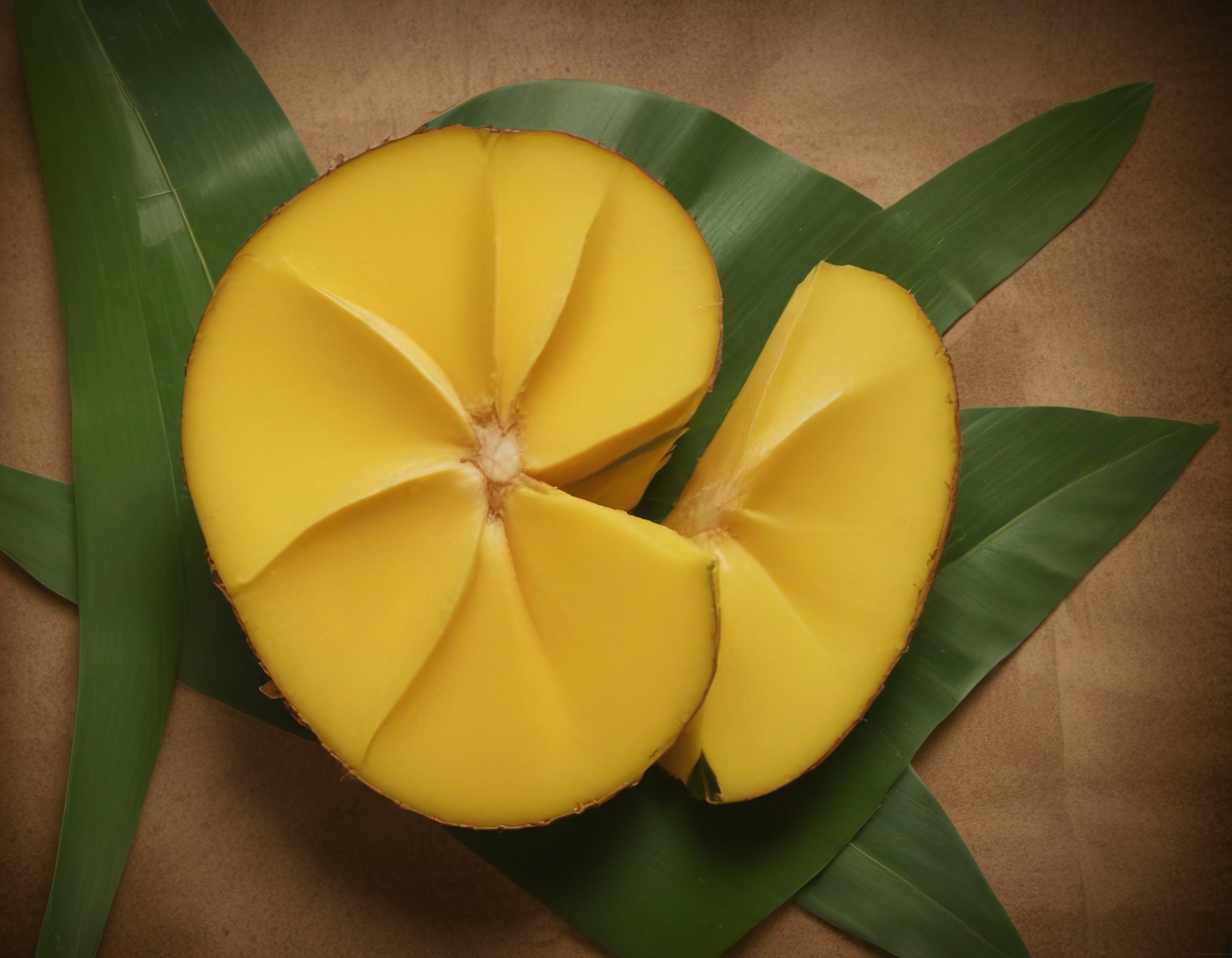 Olgun Sarı Mango Dilimleri ve Yapraklar Üzerinde Tropikal Sunum