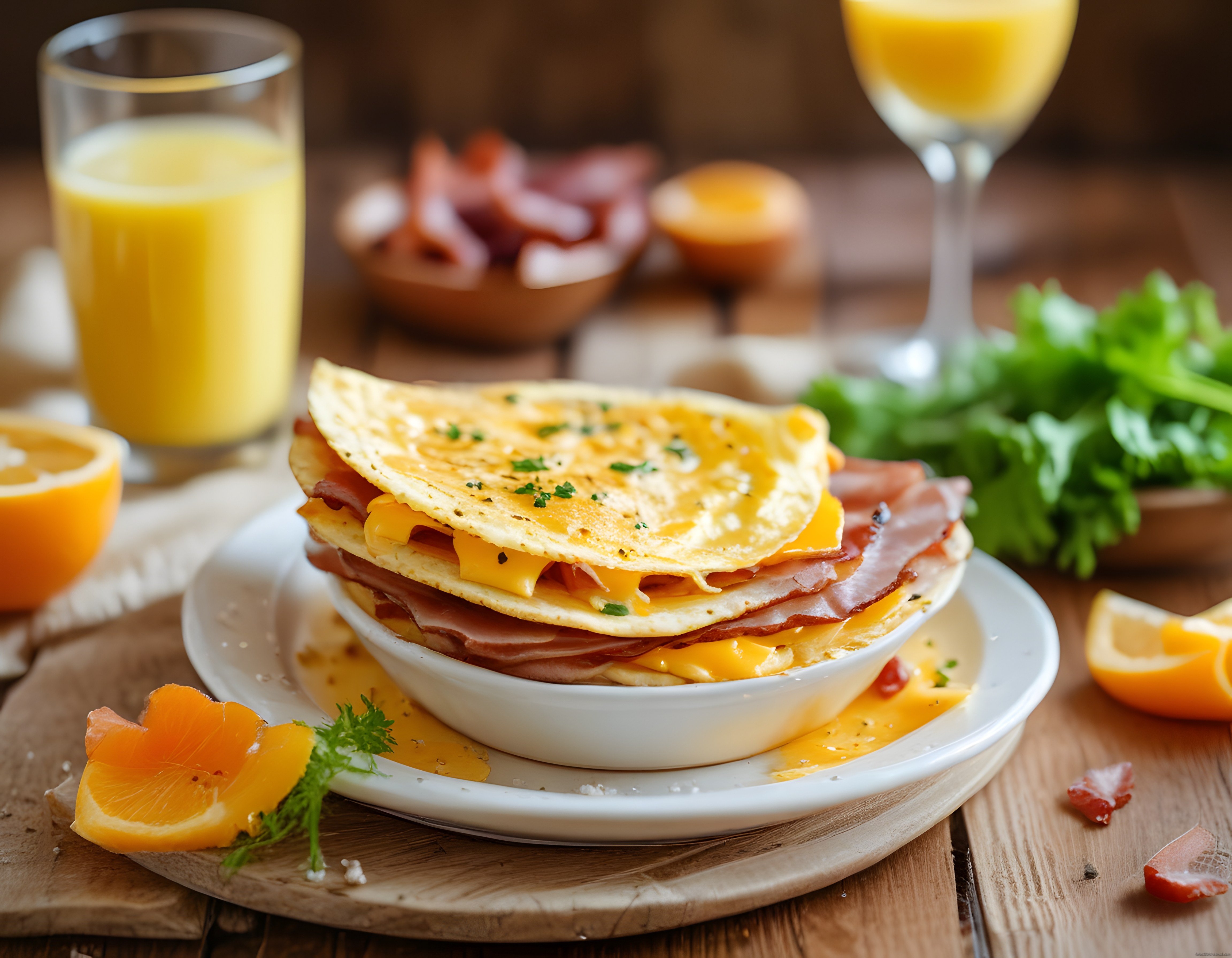 Omlet, jambon ve erimiş peynirli rustik kahvaltı tabağı, portakal suyu eşliğinde