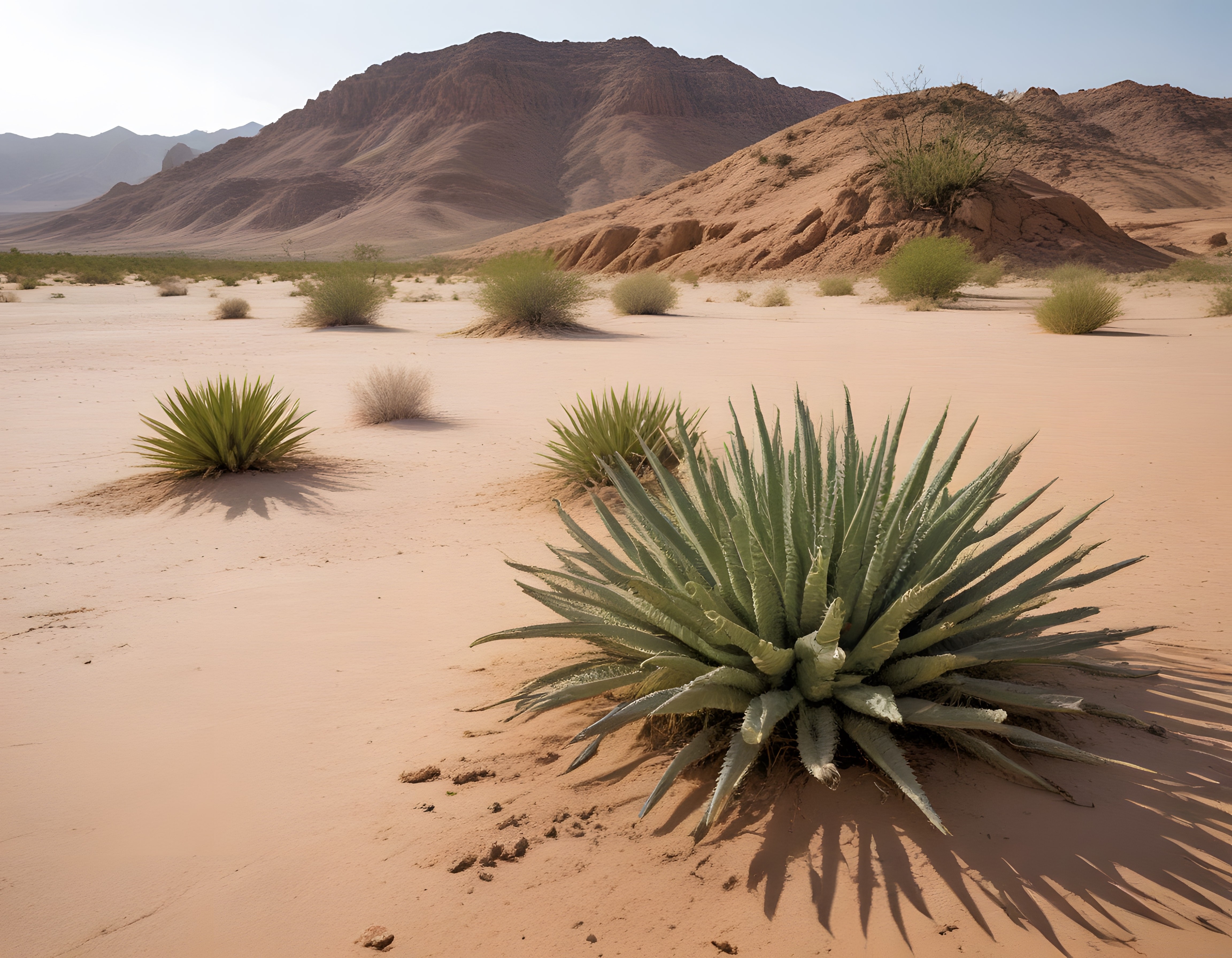 Ön planda agave bitkisi ve arka planda kumlu dağlarla etkileyici çöl manzarası