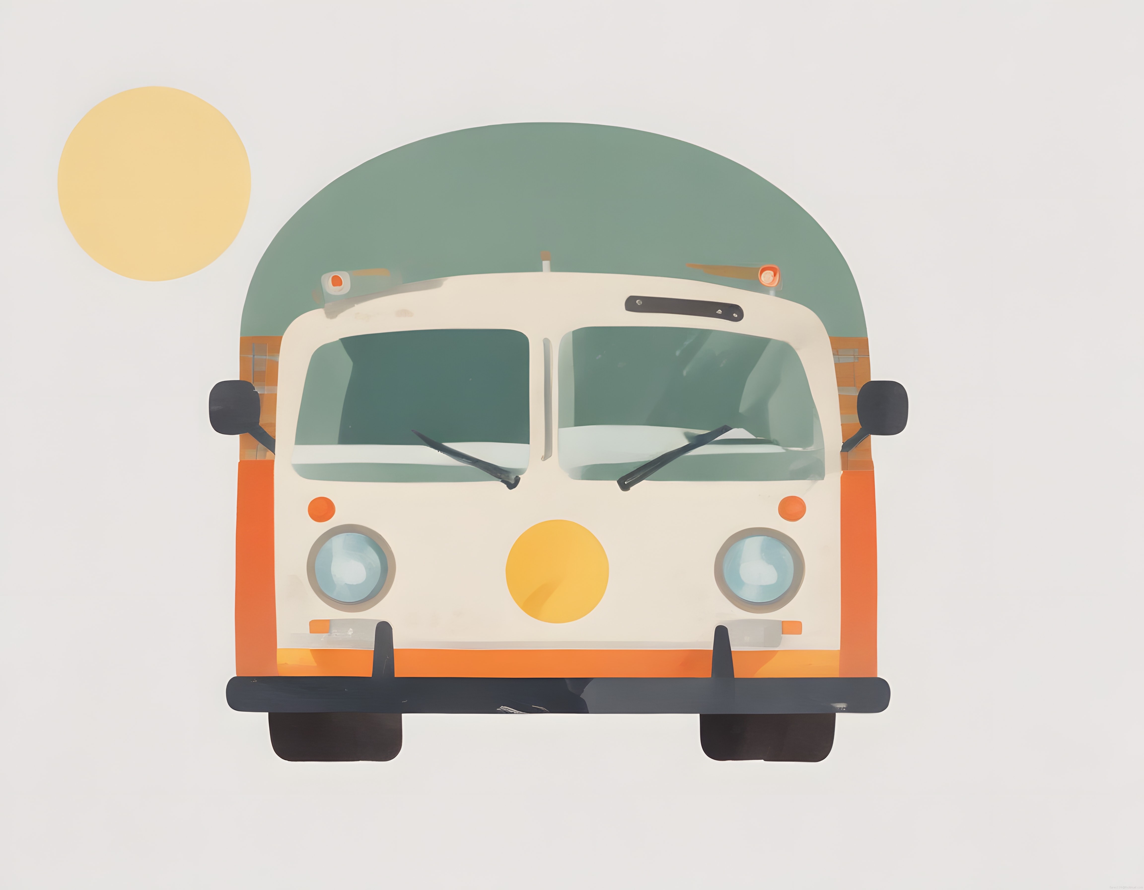 Önden Çekilmiş Vintage Turuncu Minibüs ve Yaz Temalı Minimalist İllüstrasyon