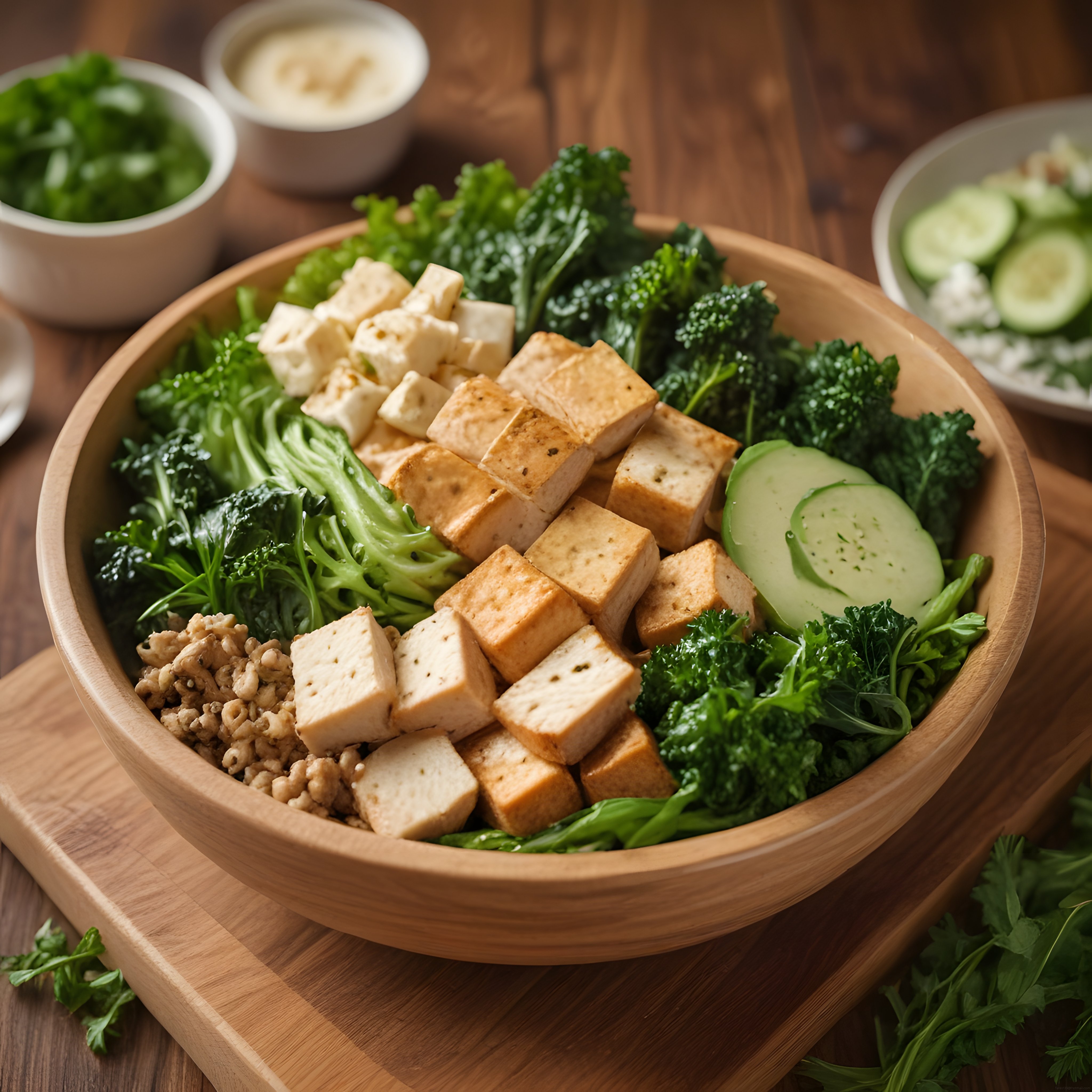 Organik Ahşap Kasede Kızarmış Tofulu ve Brokolili Sağlıklı Vegan Öğün Kasesi