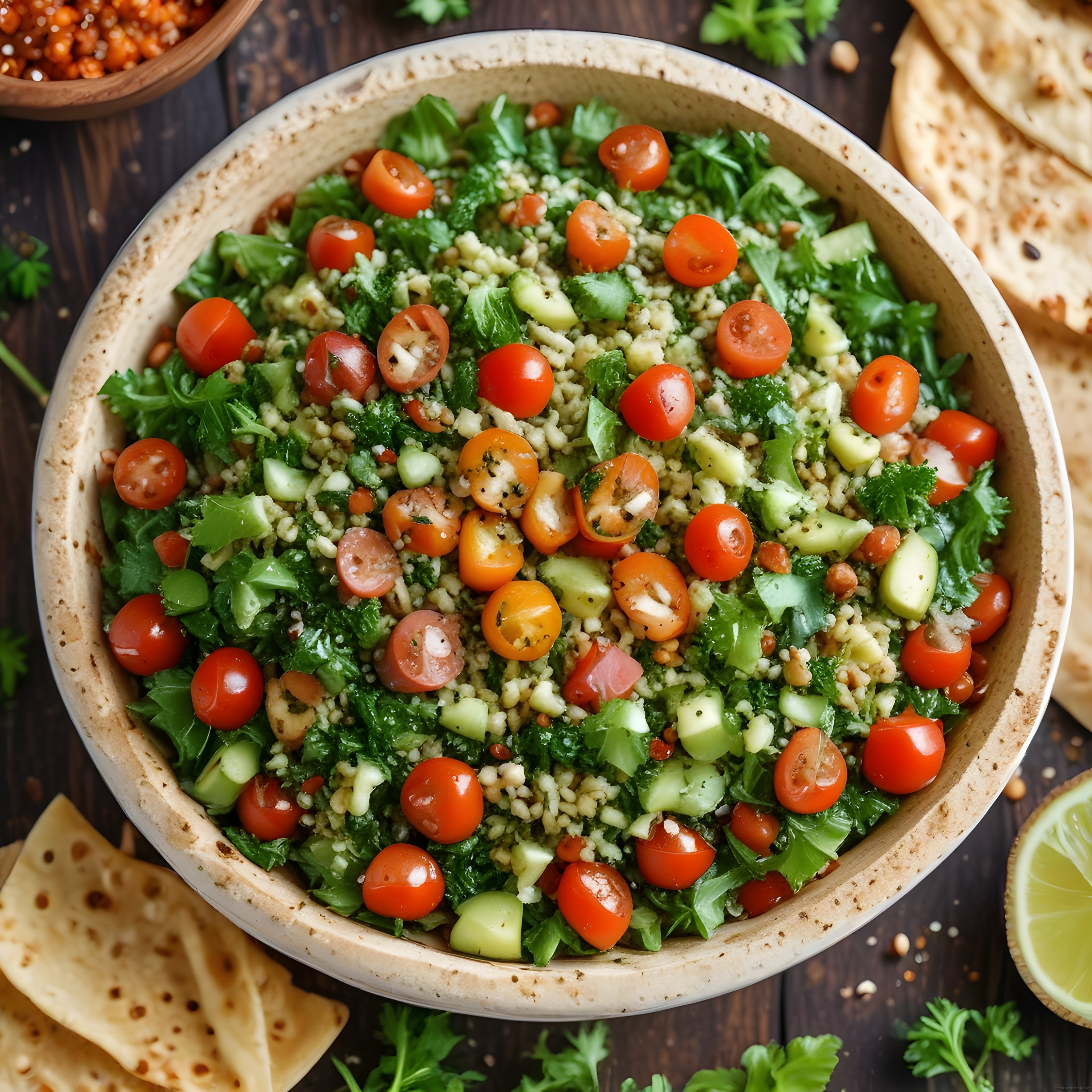 Organik Bulgur ve Taze Baharatlarla Hazırlanmış Tabbule Salatası Kasesi
