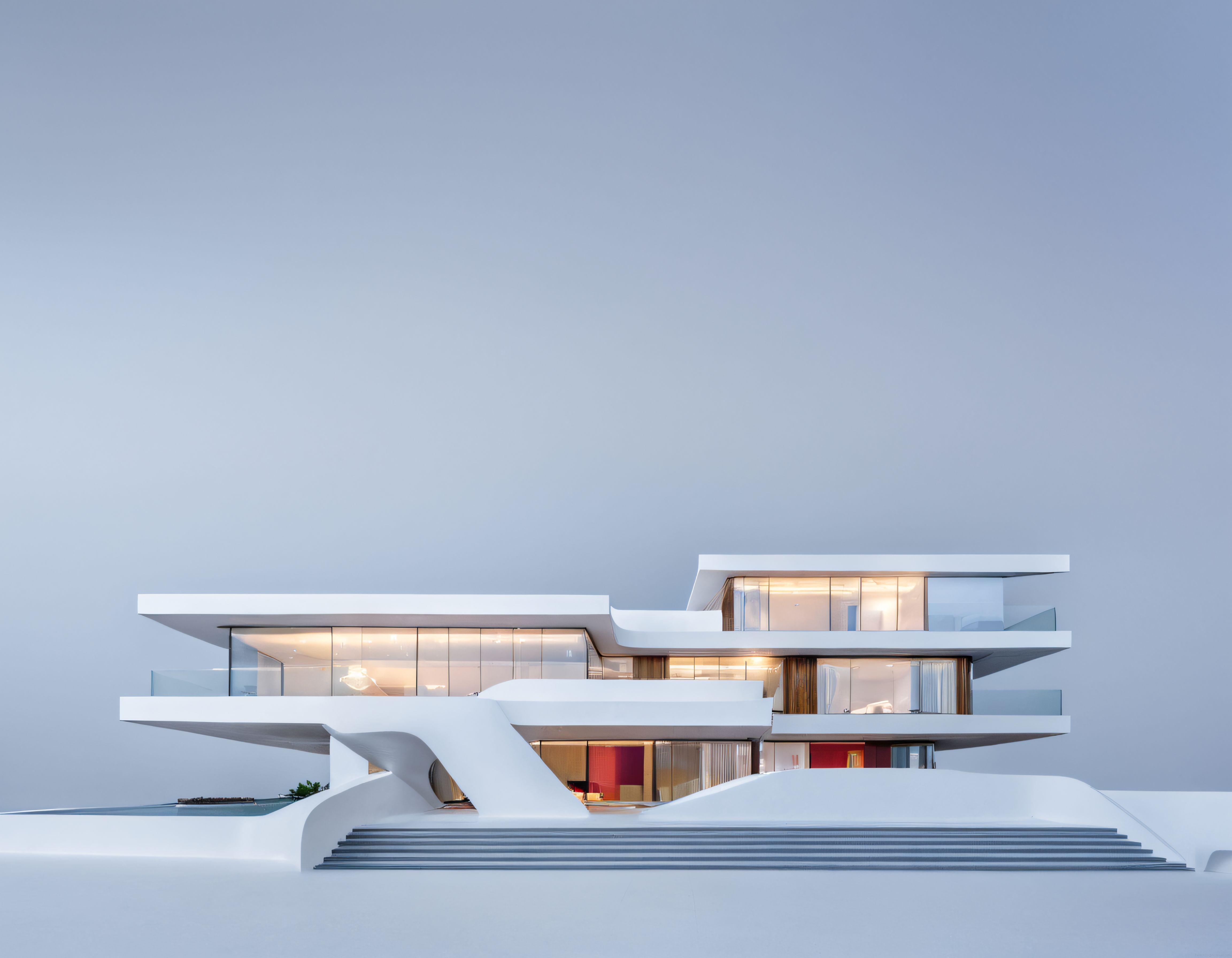 Organik Eğrili Beyaz Villa: Minimalist Mimari ve Sonsuz Gökyüzü Estetiği