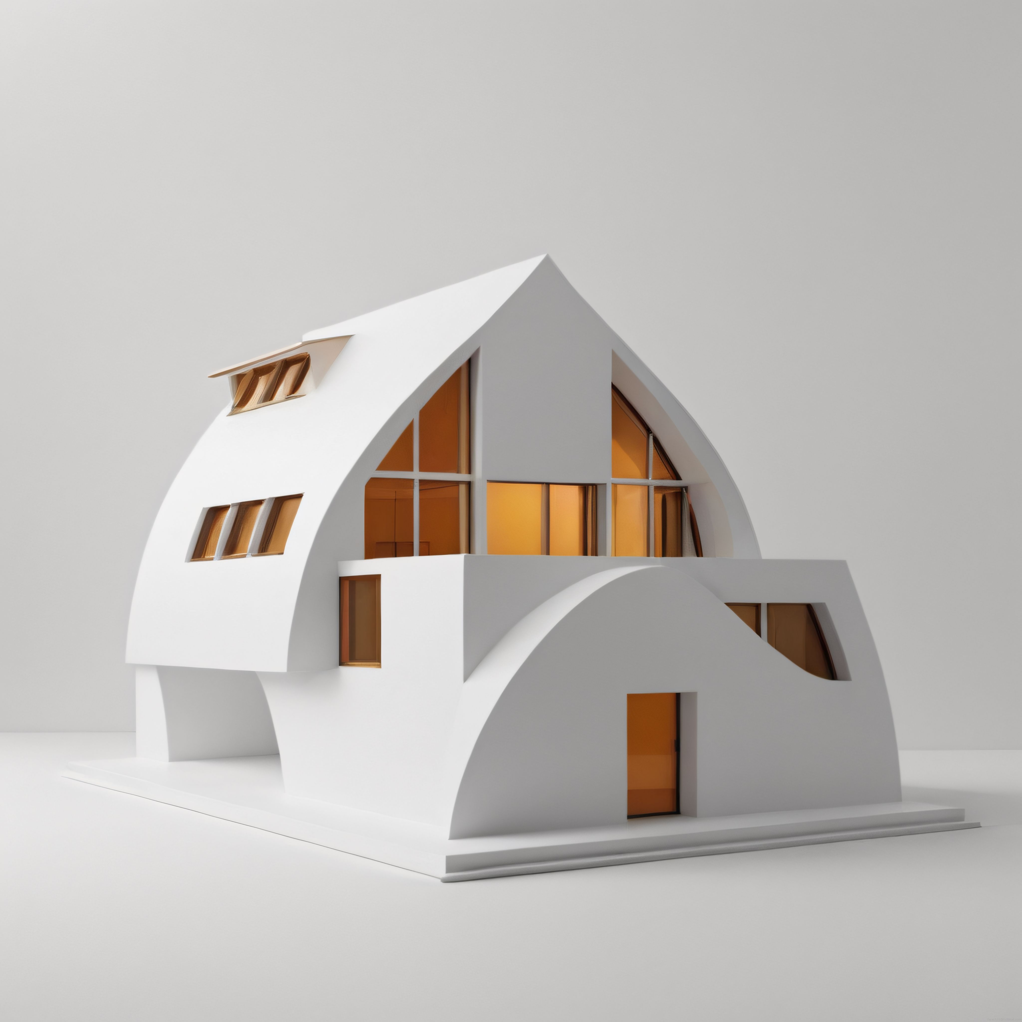 Organik Eğrili Minimalist Beyaz Ev Tasarımı ve Amber Pencereli Modern Mimari