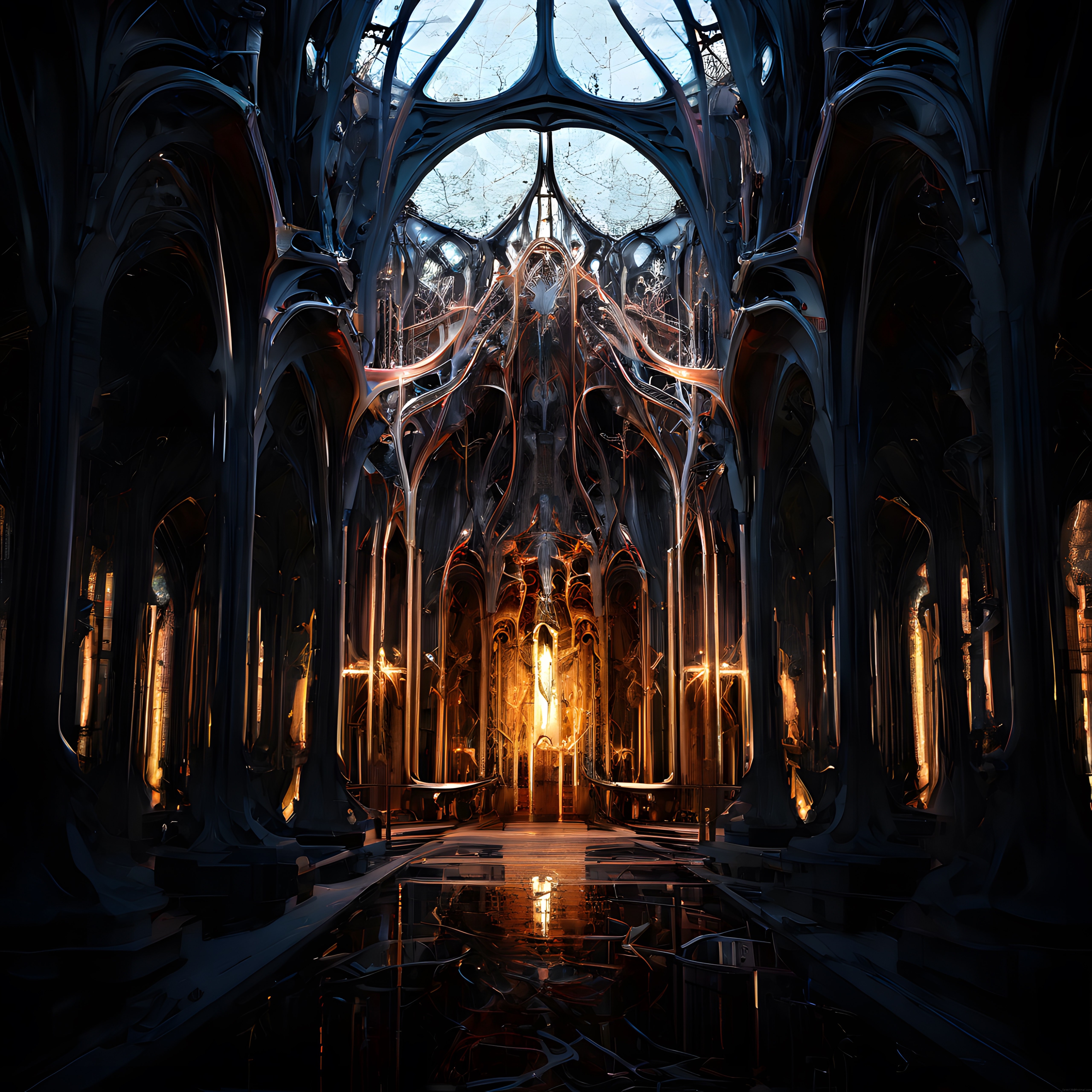 Organik Gotik Katedral İçi: Biyomekanik Tasarım ve Gizemli Işık