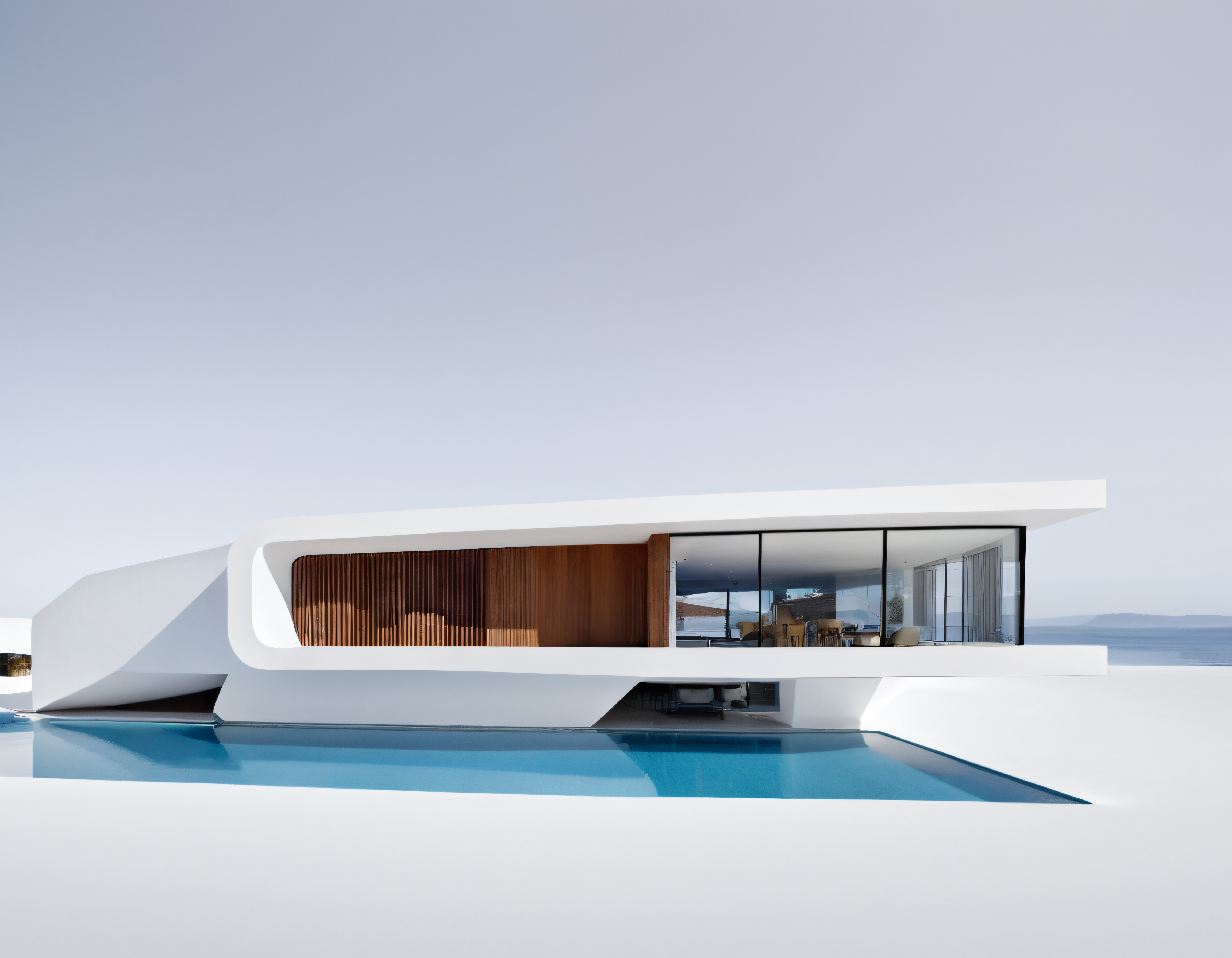 Organik Hatlara Sahip Beyaz Modern Villa ve Yüzme Havuzu Manzarası