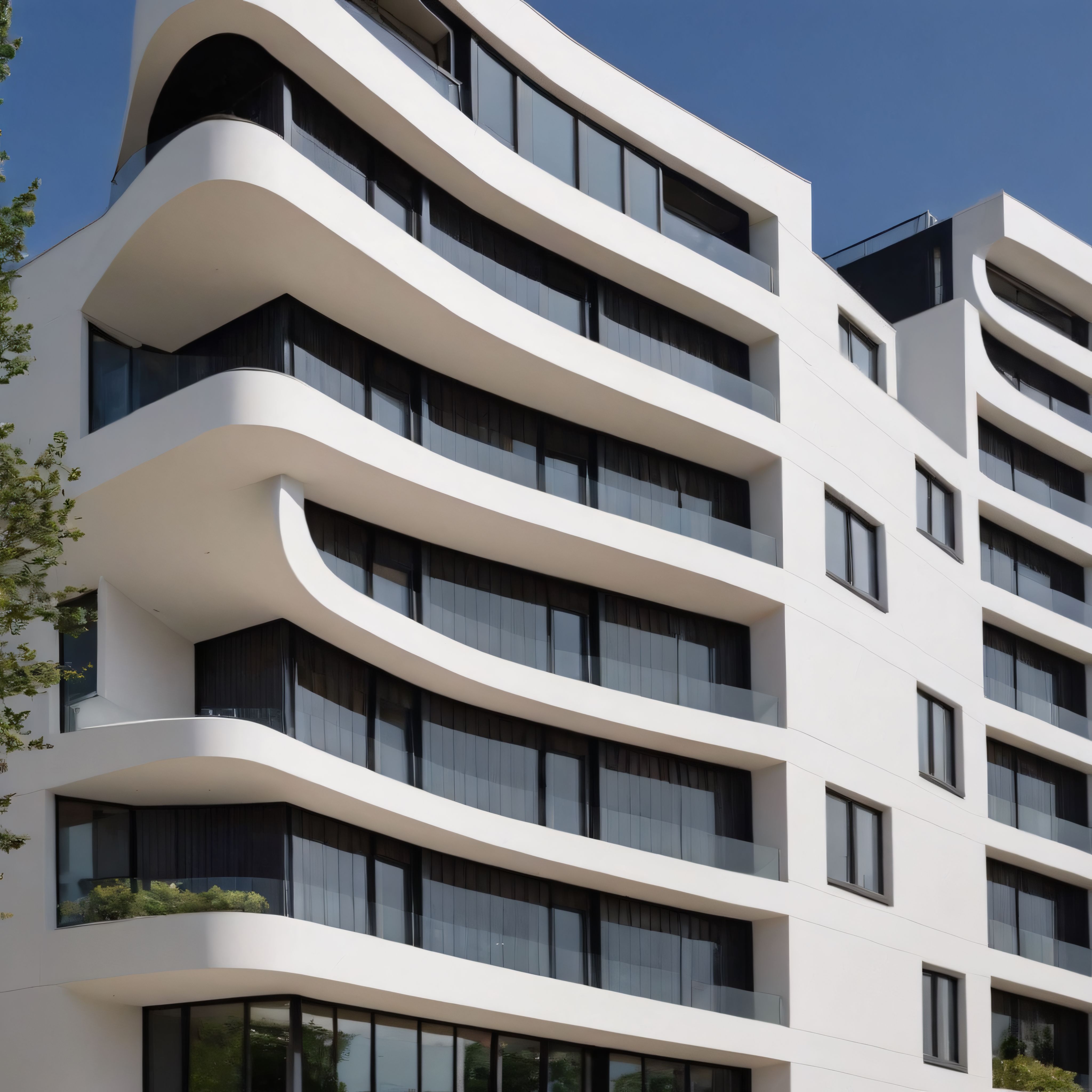 Organik Kıvrımlı Balkonlarıyla Modern Beyaz Apartman Cephesi ve Mavi Gökyüzü