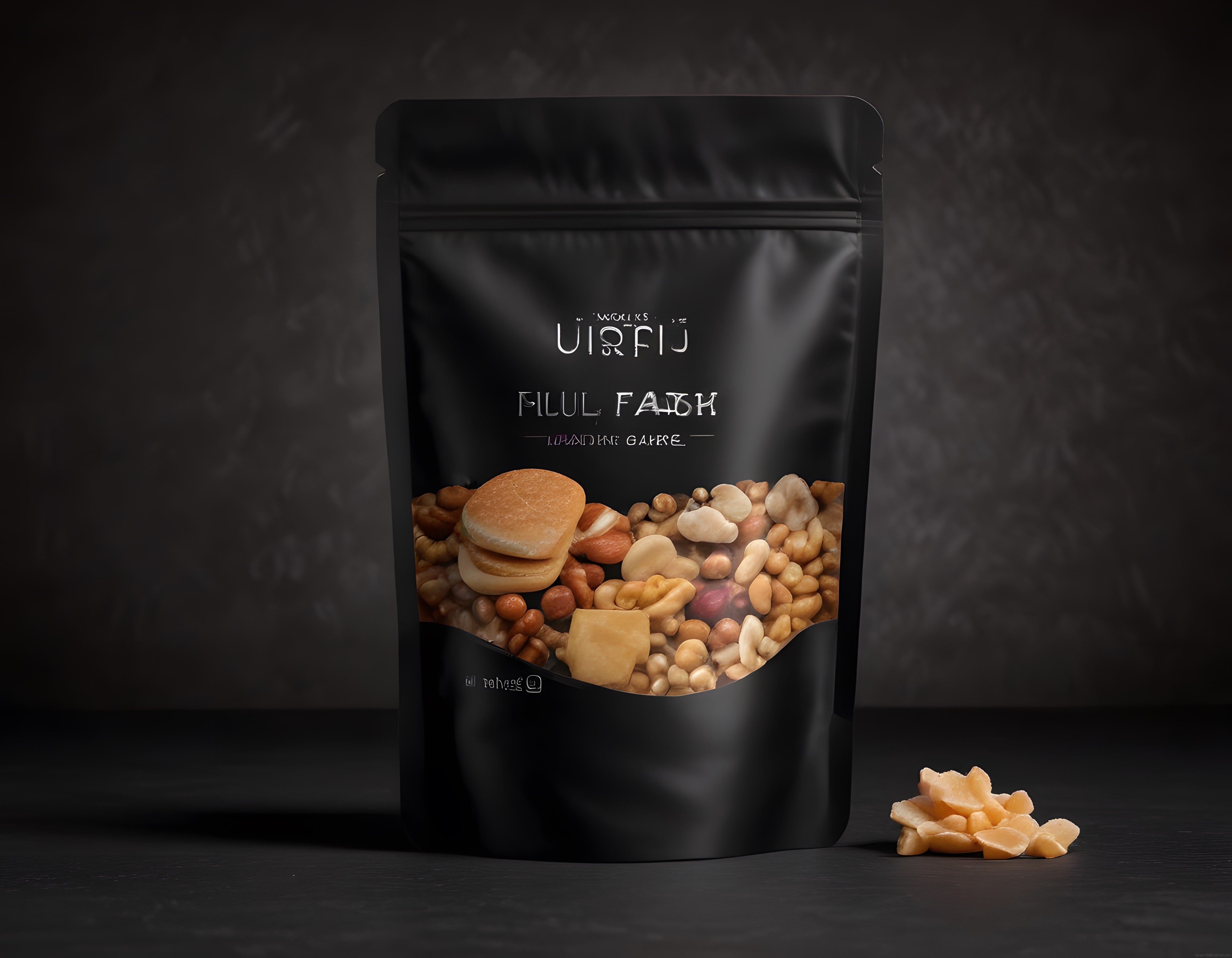 Organik kuruyemiş karışımı ve burger bisküvili premium siyah ambalaj tasarımı