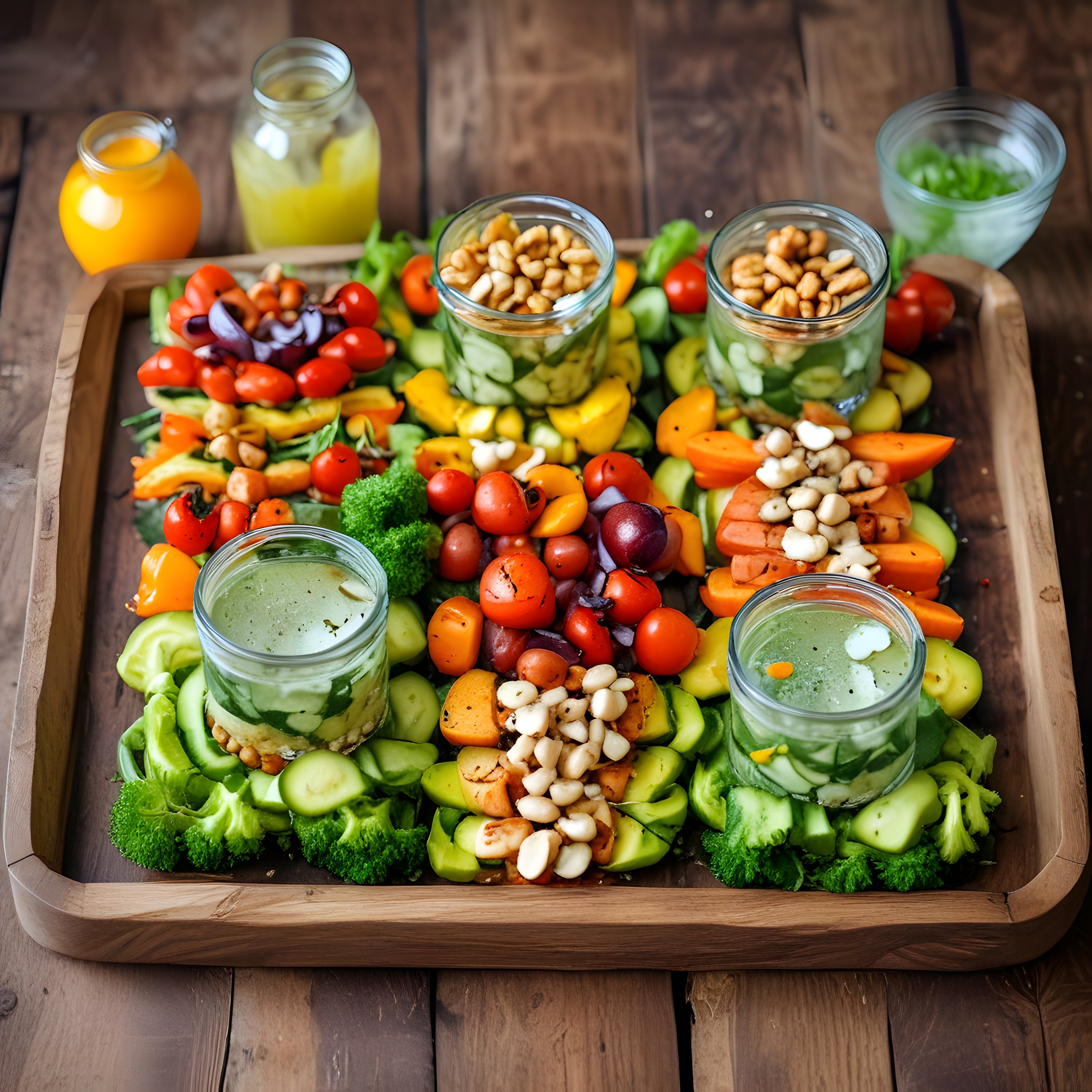 organik sebze kuruyemiş ve smoothieli sağlıklı vegan sunum tepsisi
