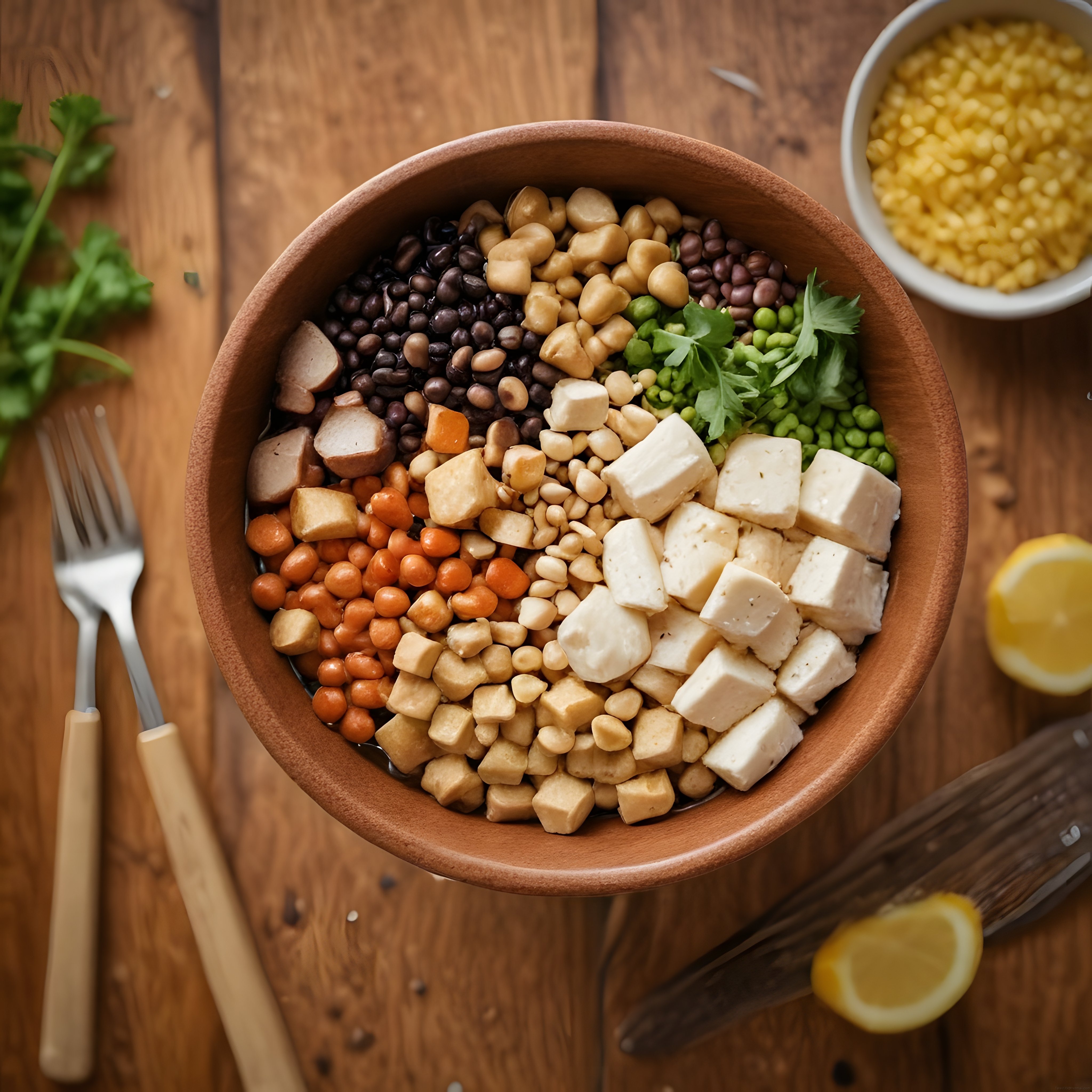Organik Vegan Güç Kasesi: Tofu, Nohut, Fasulye ve Taze Yeşillikler