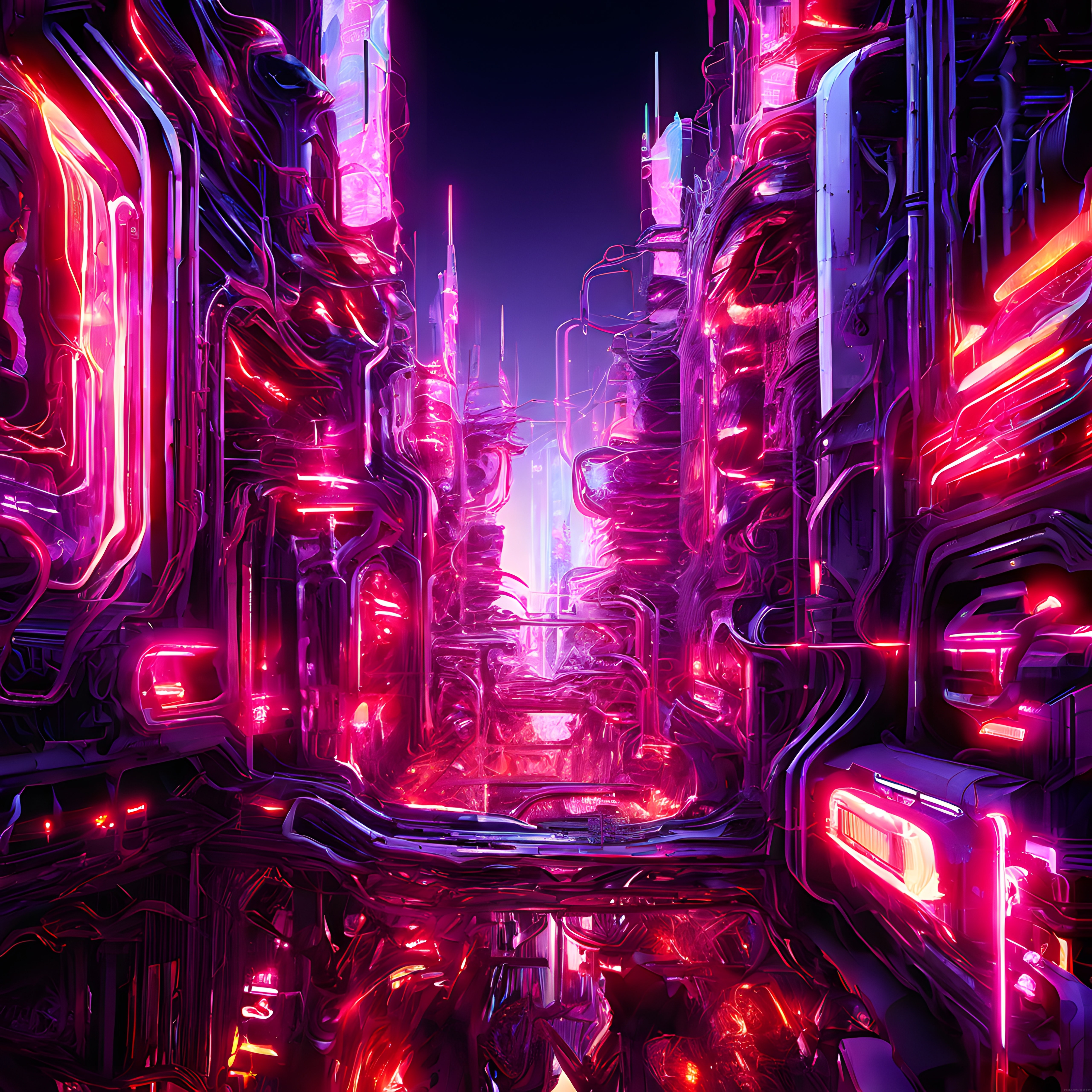 Organik Yapıların Arasından Süzülen Gizemli Cyberpunk Neon Işıkları