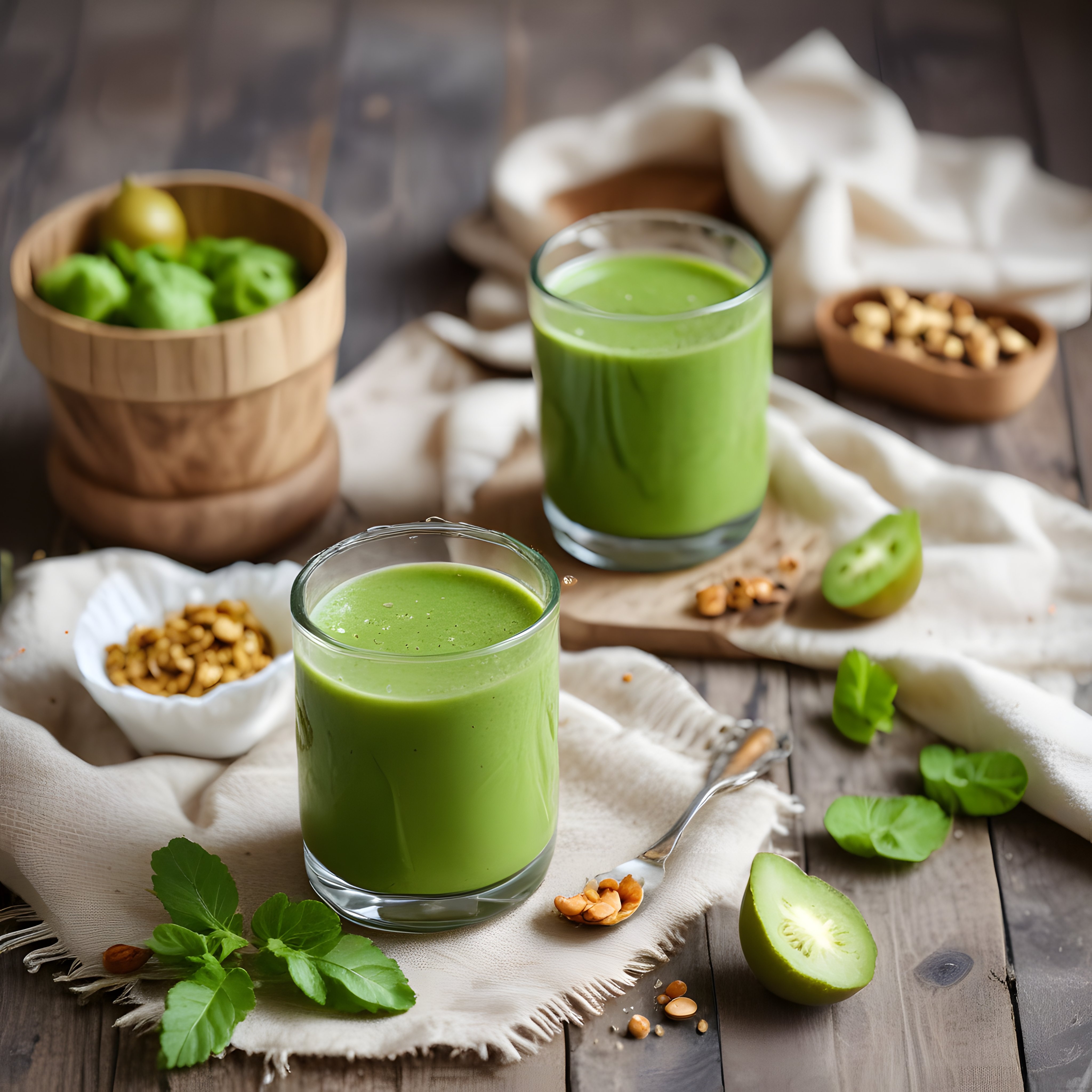 Organik Yeşil Detoks Smoothie ve Taze Meyvelerle Sağlıklı Sunum