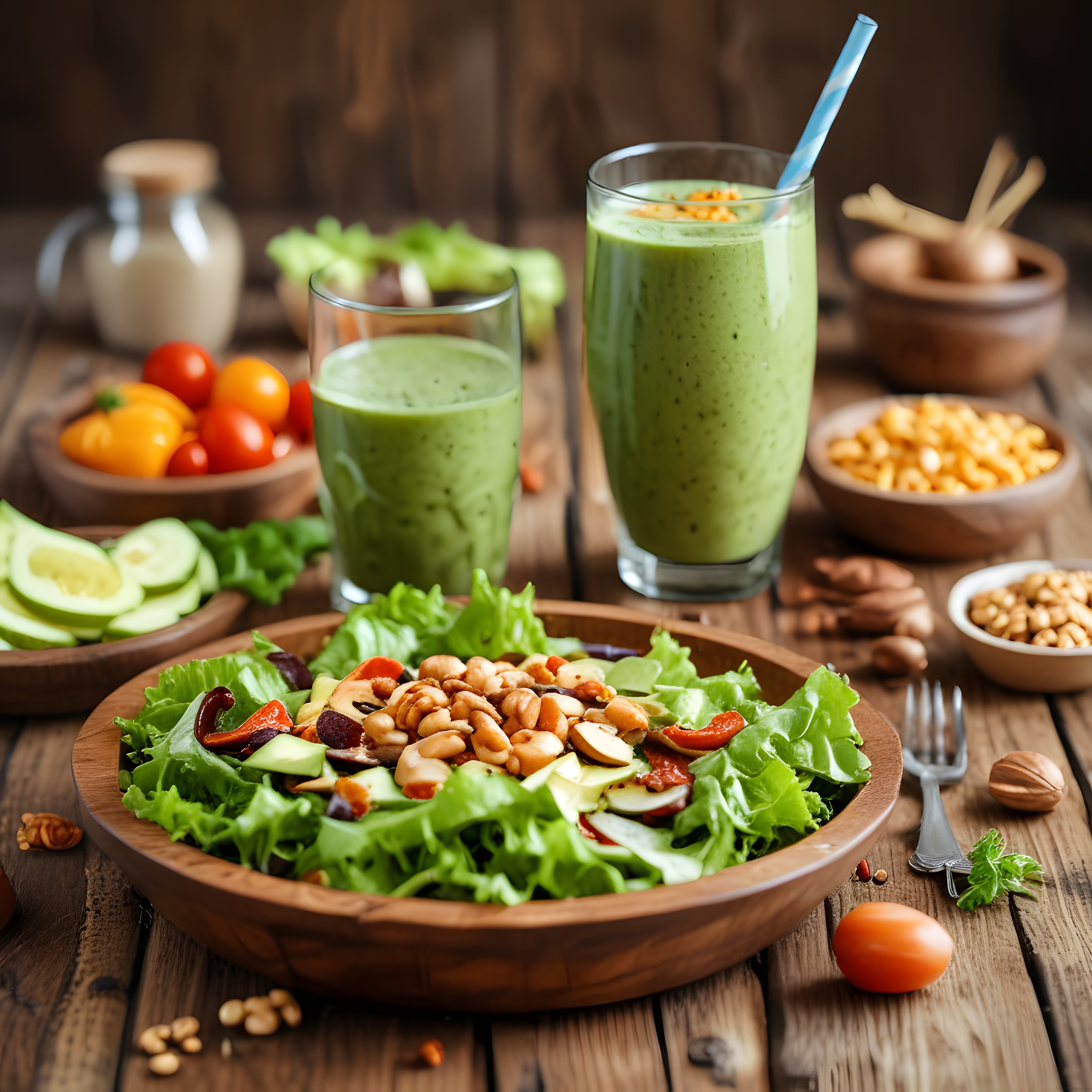 Organik yeşil salata ve ev yapımı detoks smoothie ile sağlıklı yaşam konsepti