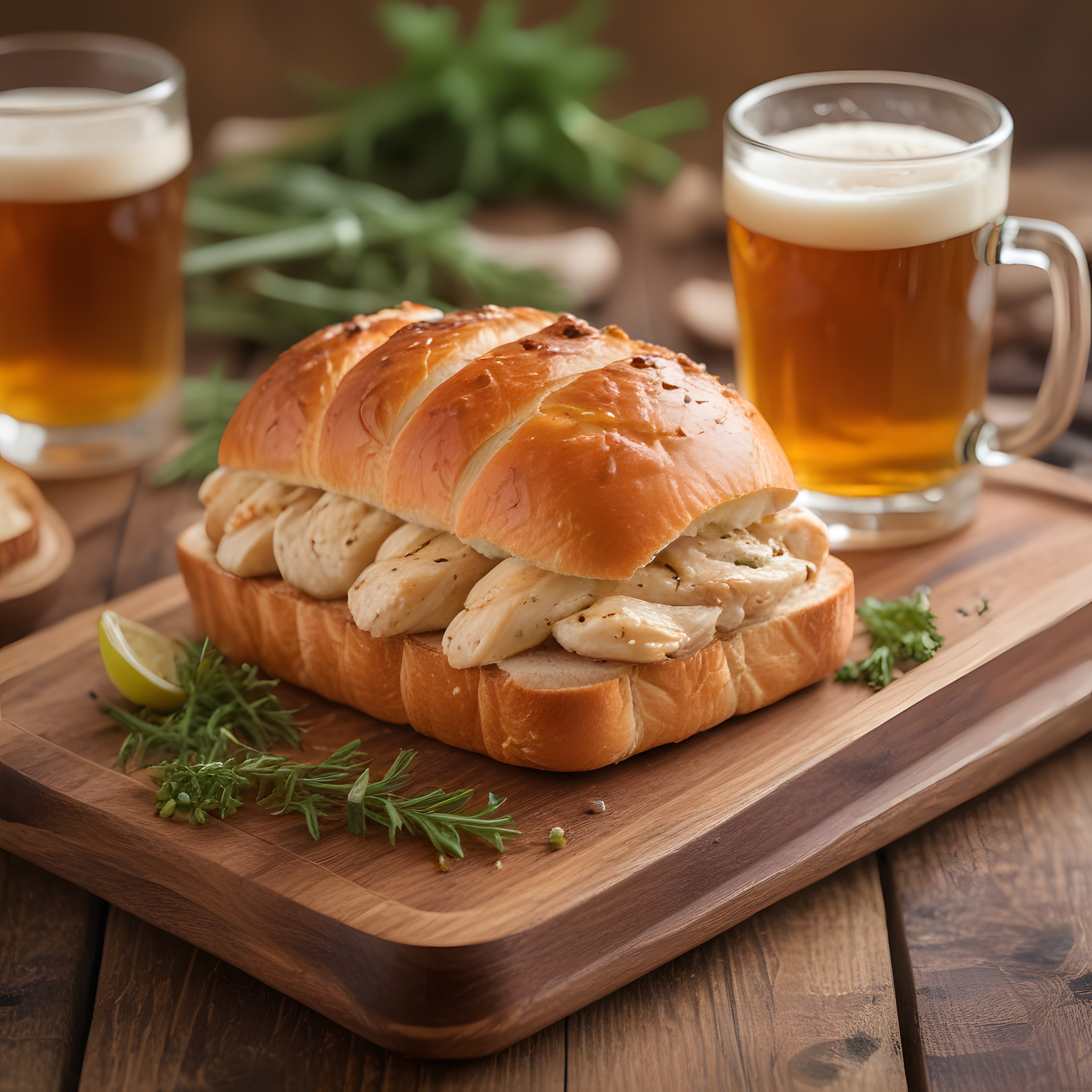 Örgü Ekmek Arası Tavuklu Sandviç ve Bira ile Rustik Masa Sunumu