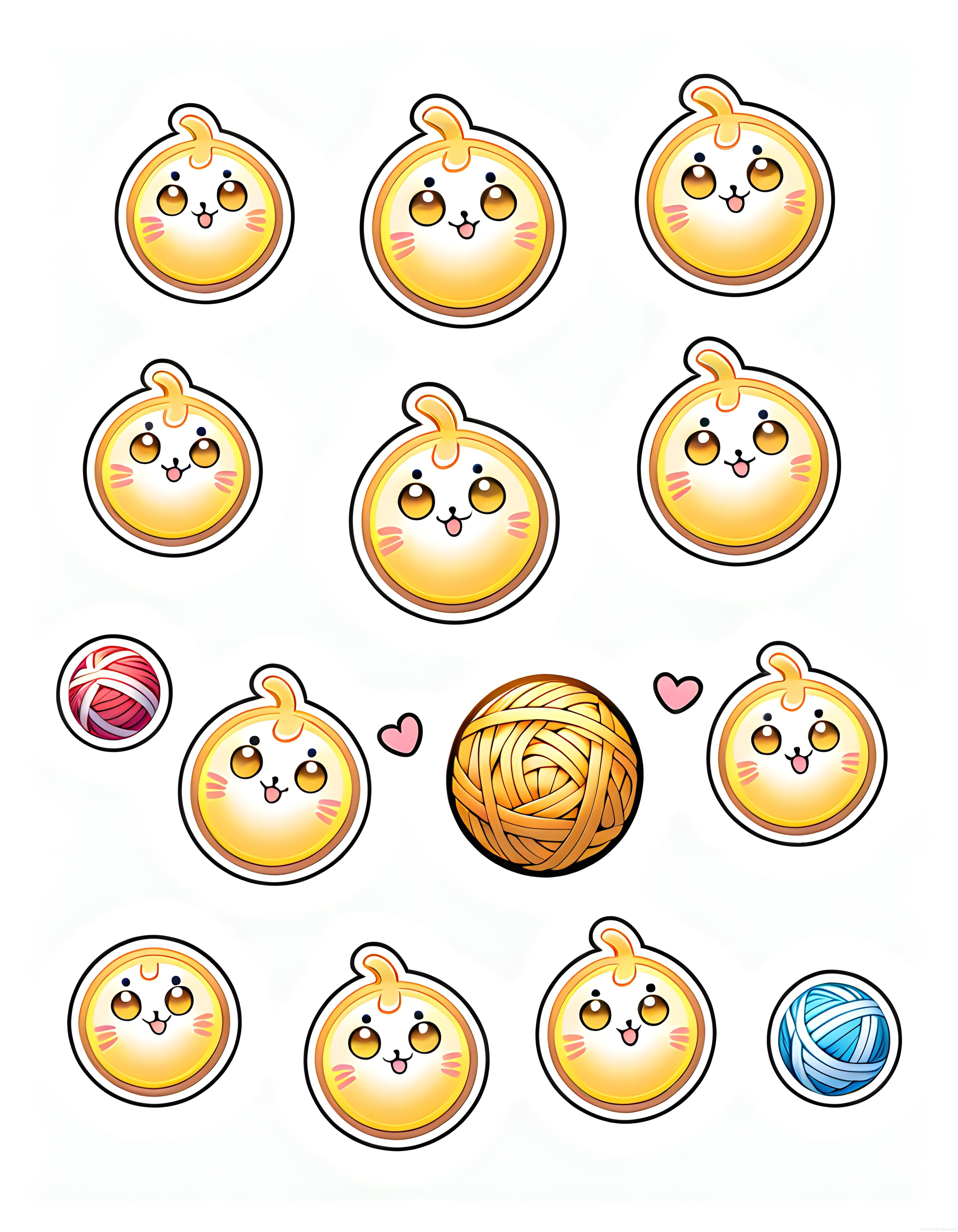Örgü İpliği ve Sevimli Turuncu Karakterlerden Oluşan Kawaii Sticker Seti