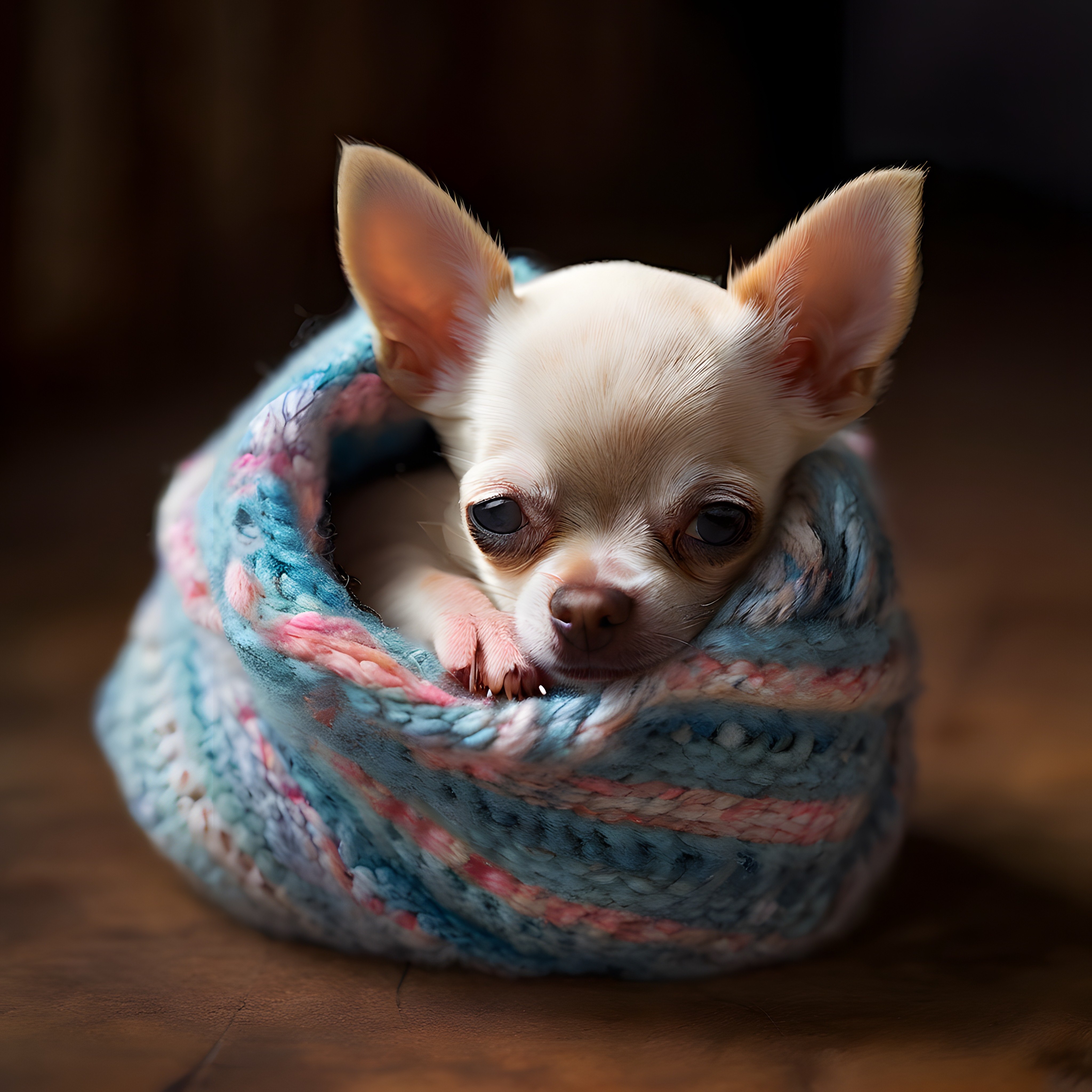 Örgü Yatağın İçinde Büyük Kulaklarıyla Sevimli Beyaz Chihuahua Köpek Yavrusu Örgü Yatağın İçinde Büyük Kulaklarıyla Sevimli Beyaz Chihuahua Köpek Yavrusu
