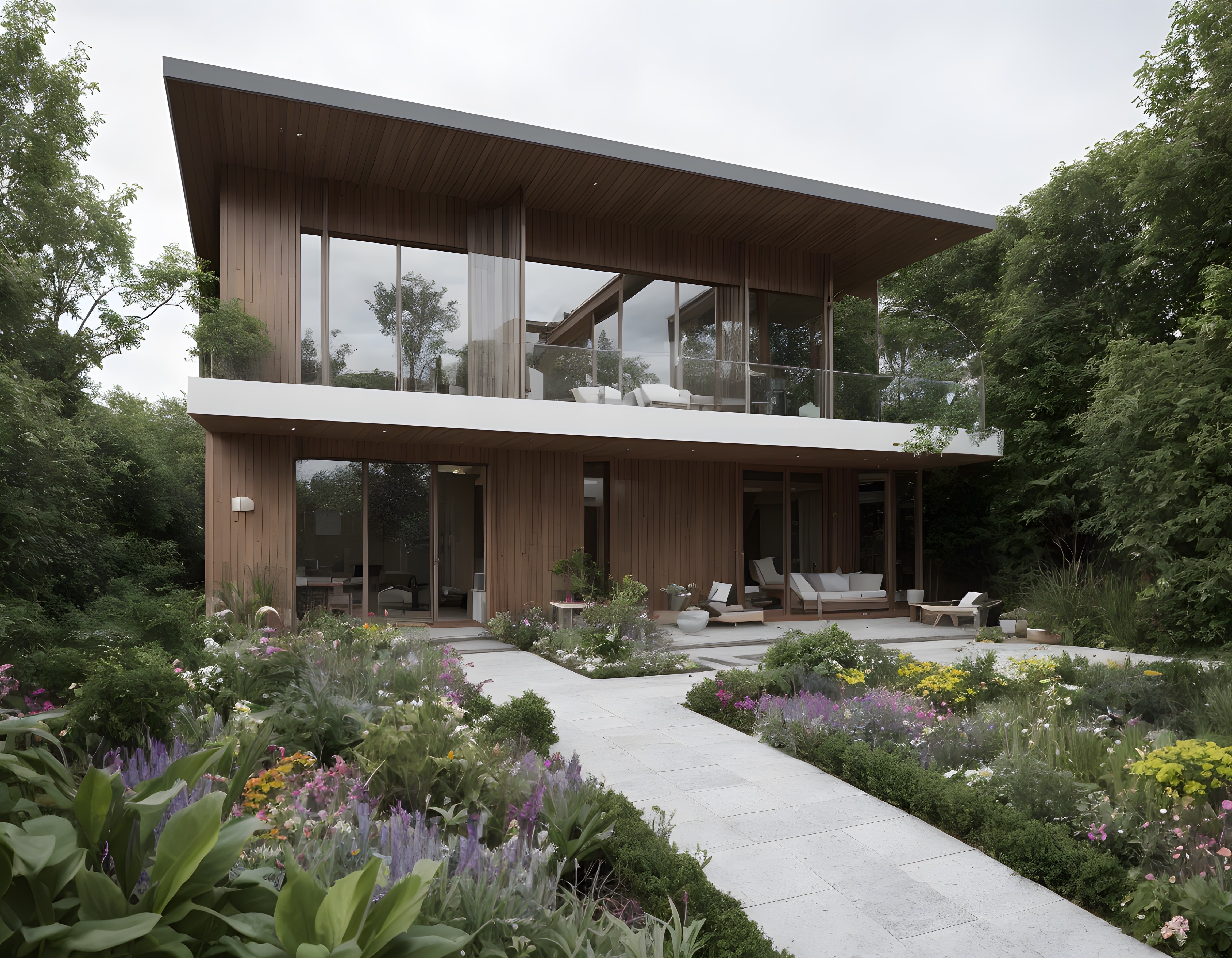 Orman Eteklerinde Cam ve Ahşap Detaylı Modern Mimari Villa ile Peyzaj Bahçesi