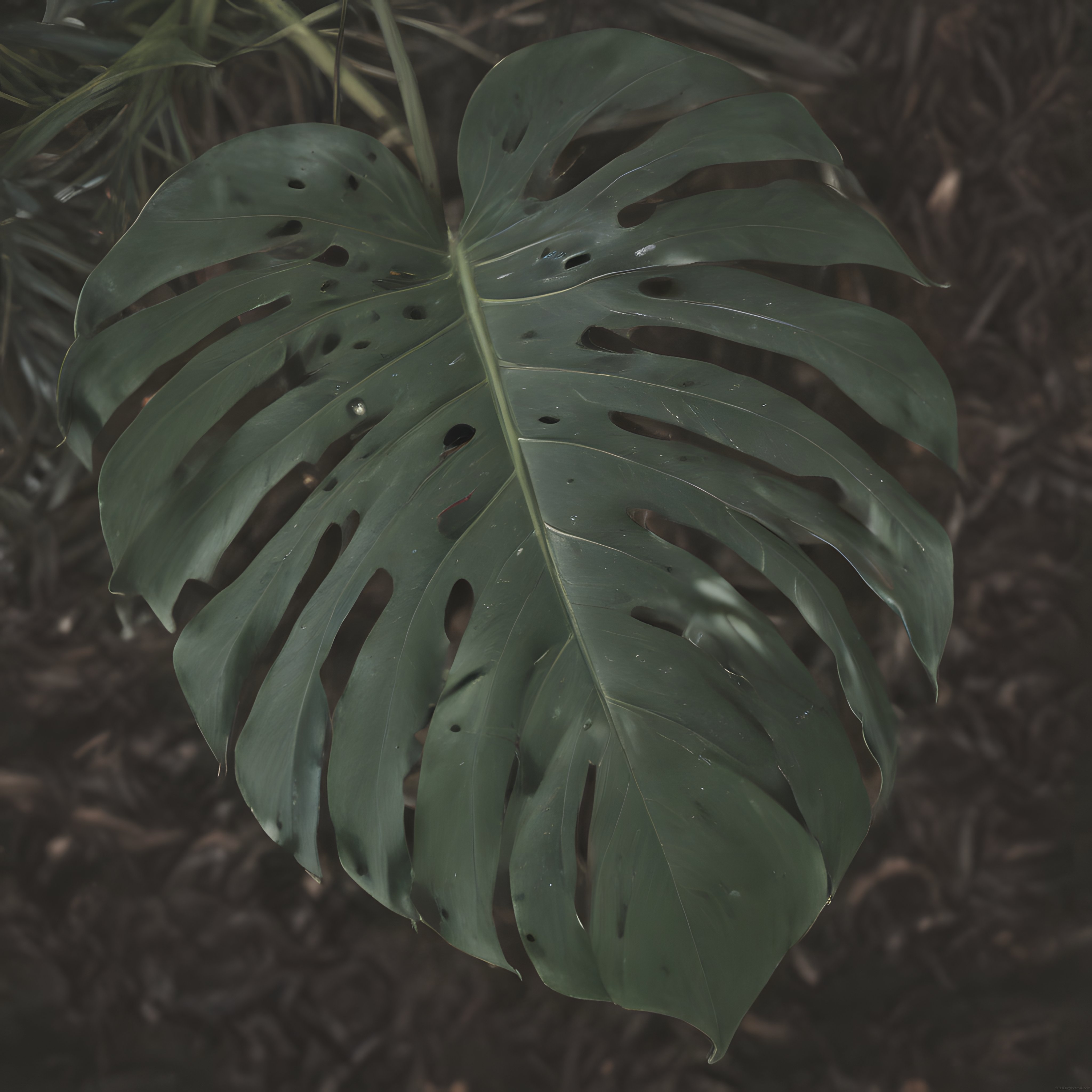 Orman Gölgesinde Parlayan Dev Monstera Yaprağı ve Doğal Delikli Desenleri