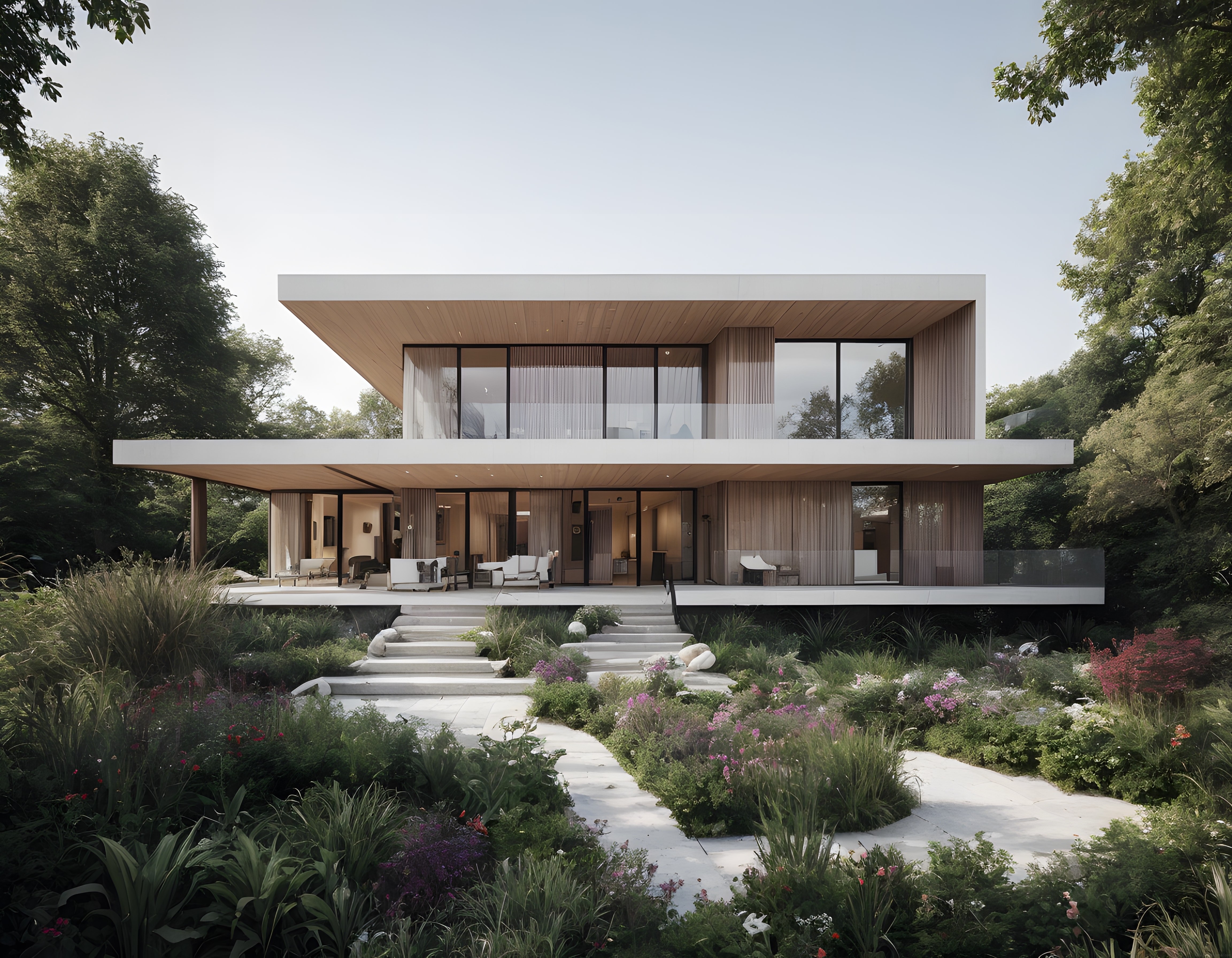 Orman İçinde Cam Cepheli Ahşap Detaylı Modern Ekolojik Villa Tasarımı