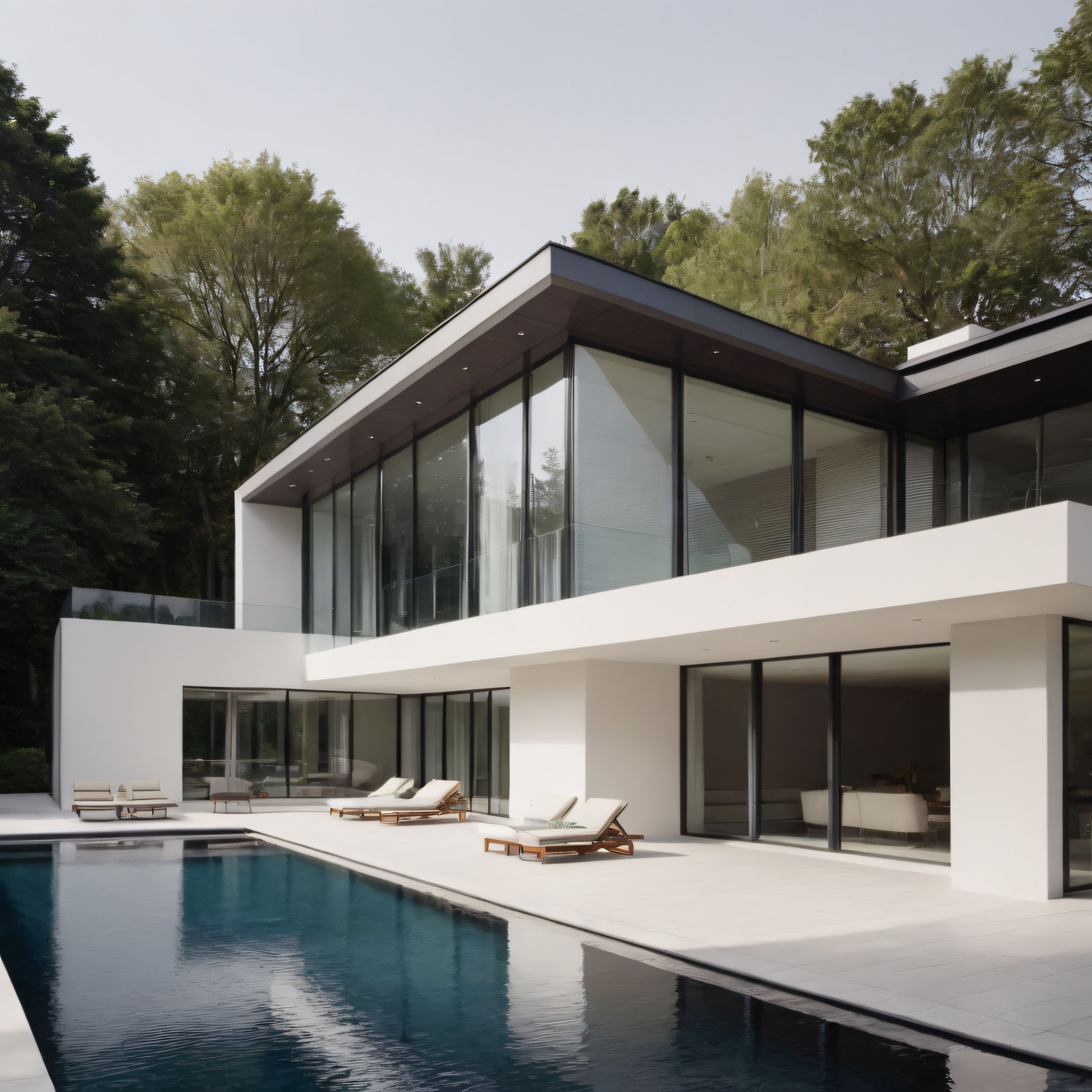 Orman İçinde Cam ve Beyaz Tonlarda Modern Lüks Villa ve Havuz Manzarası
