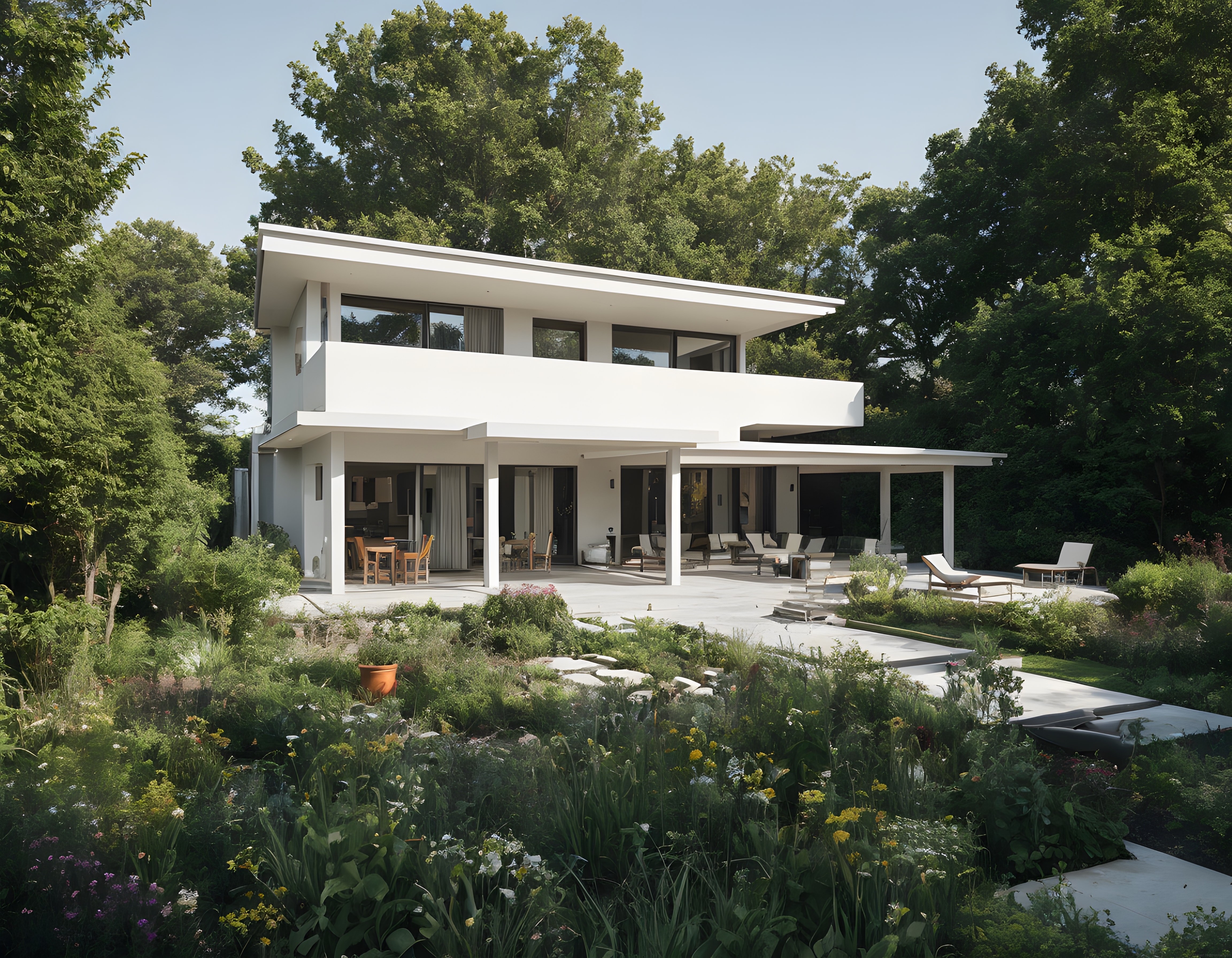 Orman İçinde Gizli Modern Minimalist Beyaz Villa ve Yemyeşil Bahçe